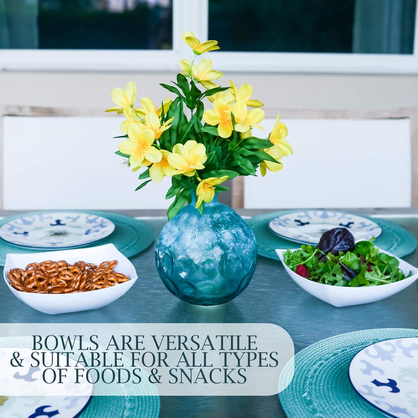 PLASTICPRO Disposable 32 ounce Square Serving Bowls, Party Snack or Salad Bowl, Medium Plastic Elegant White Pack of 4