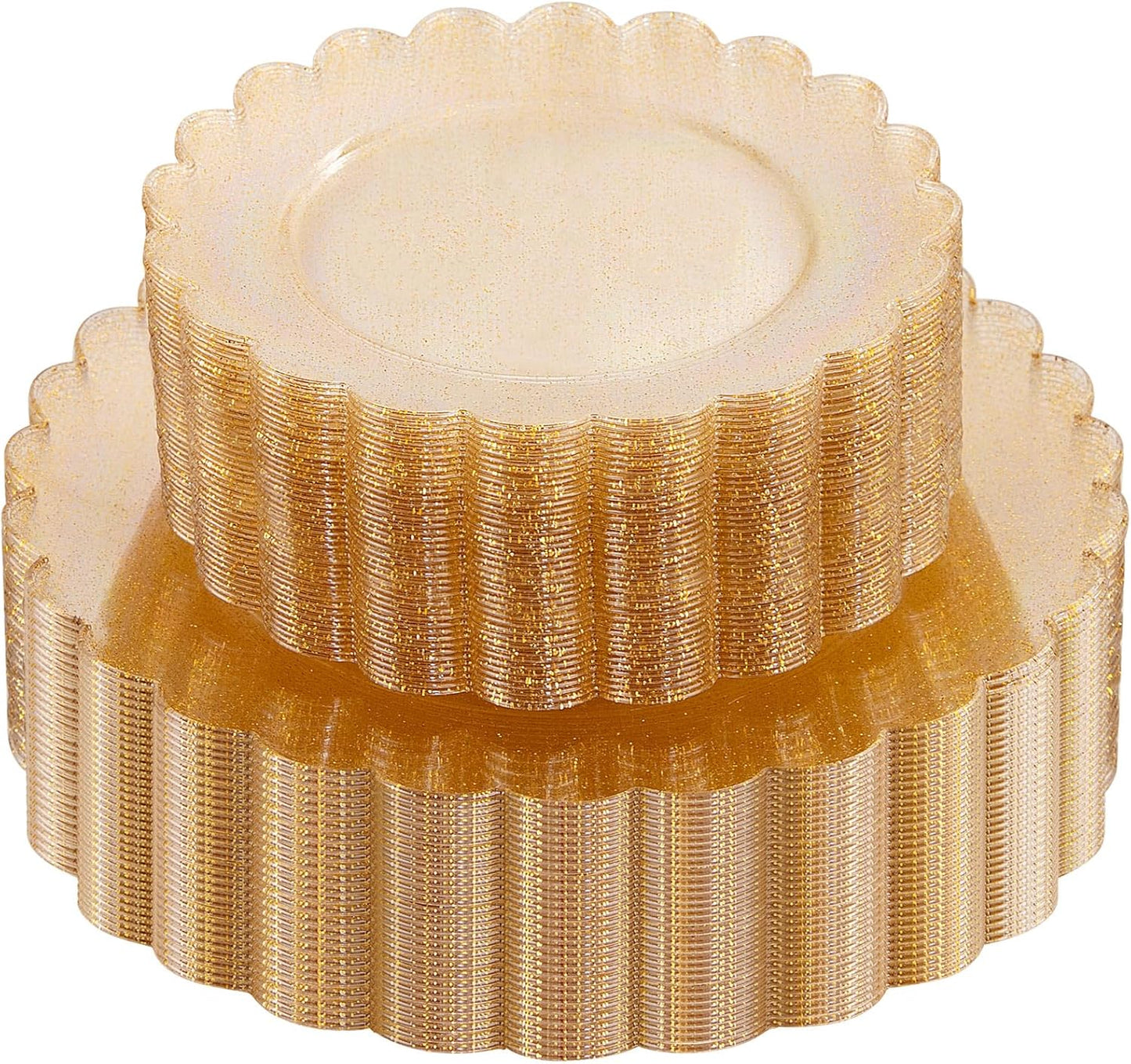 LIYH 60 Pcs Gold Glitter Plastic Scalloped Plates - Disposable Heavyduty Combo Plastic Plates Dishes Included 30 Dinner Plate 30 Dessert Plate for Weddings Party Birthday