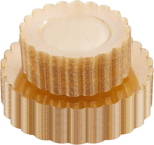 LIYH 60 Pcs Gold Glitter Plastic Scalloped Plates - Disposable Heavyduty Combo Plastic Plates Dishes Included 30 Dinner Plate 30 Dessert Plate for Weddings Party Birthday