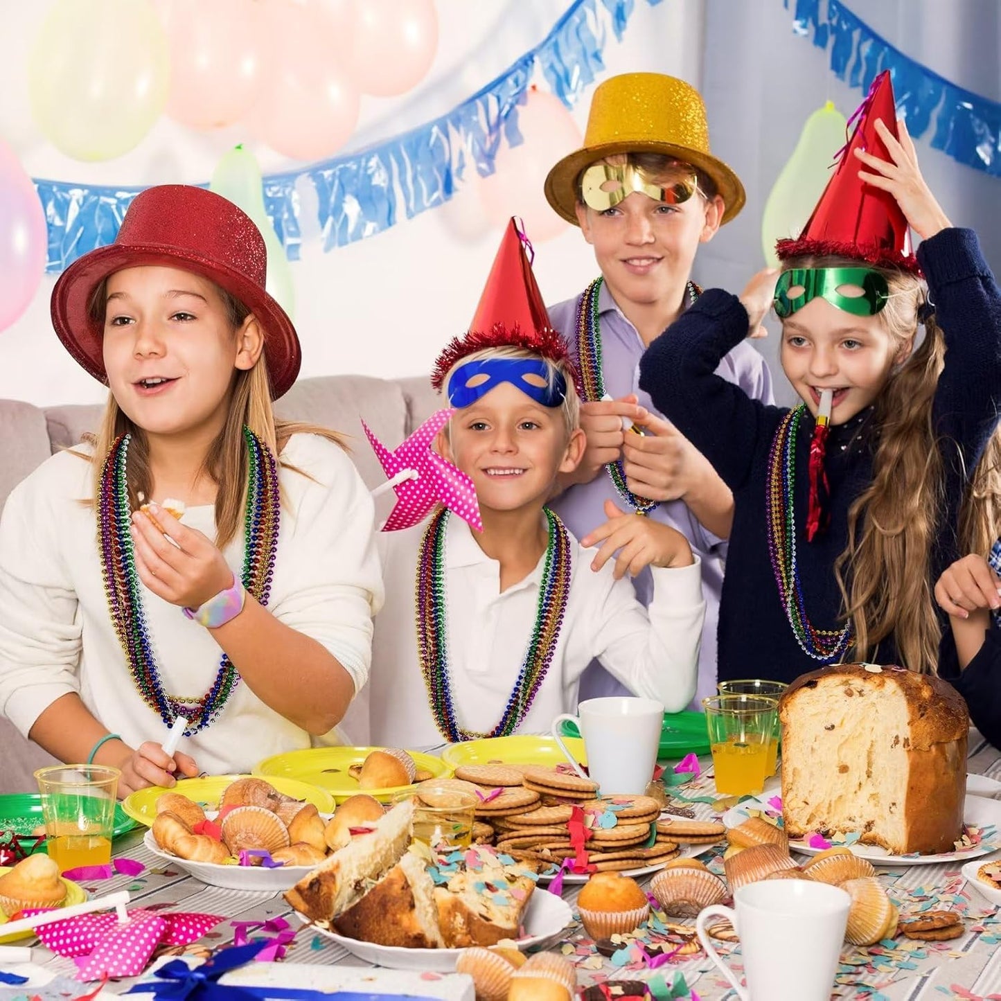 Mardi Gras Beads, 24PCS Metallic Colorful Bead Necklace Party Favors, 6 Kinds of 33" Beaded Necklace Costume Women Men Stuff, Festival Parade Throw Accessories for Wedding Birthday Celebrations