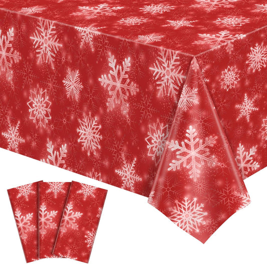 3 Pack Christmas Snowflake Plastic Tablecloth, 54 x 108Inch Red and White Snowflake Table Cloth Disposable Waterproof Winter Snowflakes Table Cover for Winter Holiday New Year Party Supplies Decor