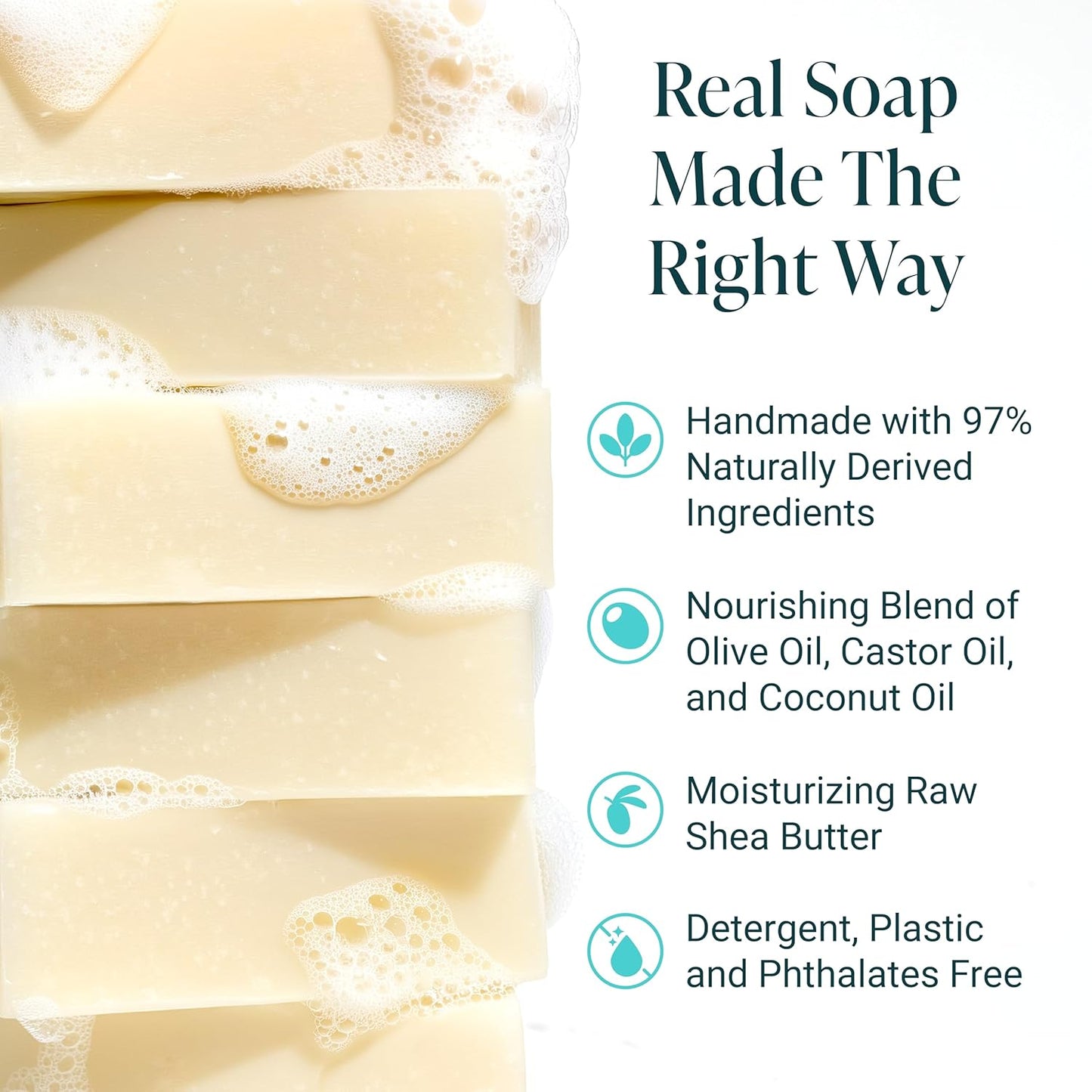 The Bubble Factory Handmade Natural Bath & Body Soap Bar, Vegan, All-Natural, Palm Oil Free, Made in USA with Shea Butter + Essential Oils, Unscented, 3 Bars