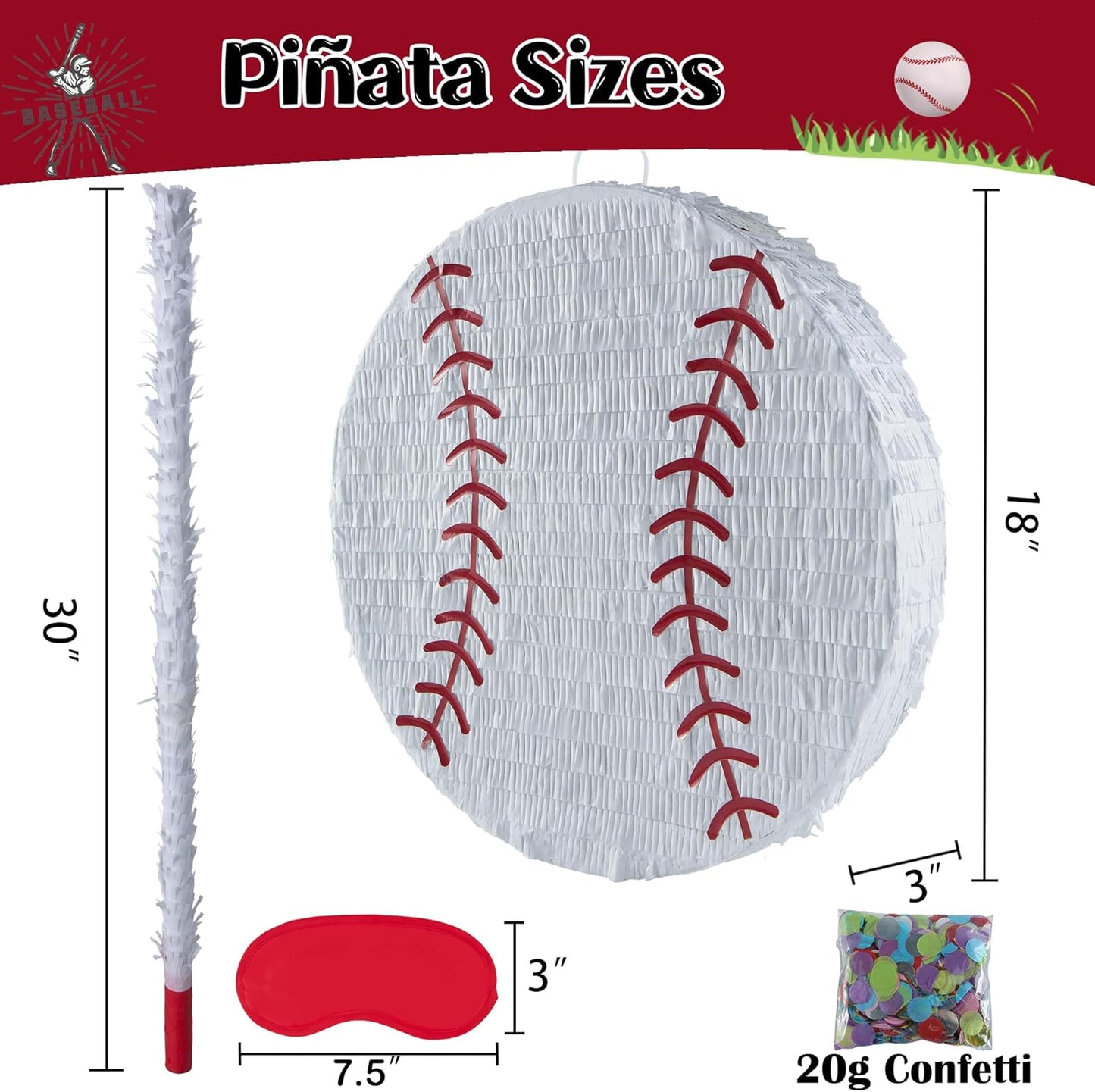 PCFING 18 Inch Baseball Piñata with 30 Inch Piñata Stick Blindfold Confetti for Boys Girls Adults Birthday Party Game Decorations, Anniversary Celebration, Fiesta