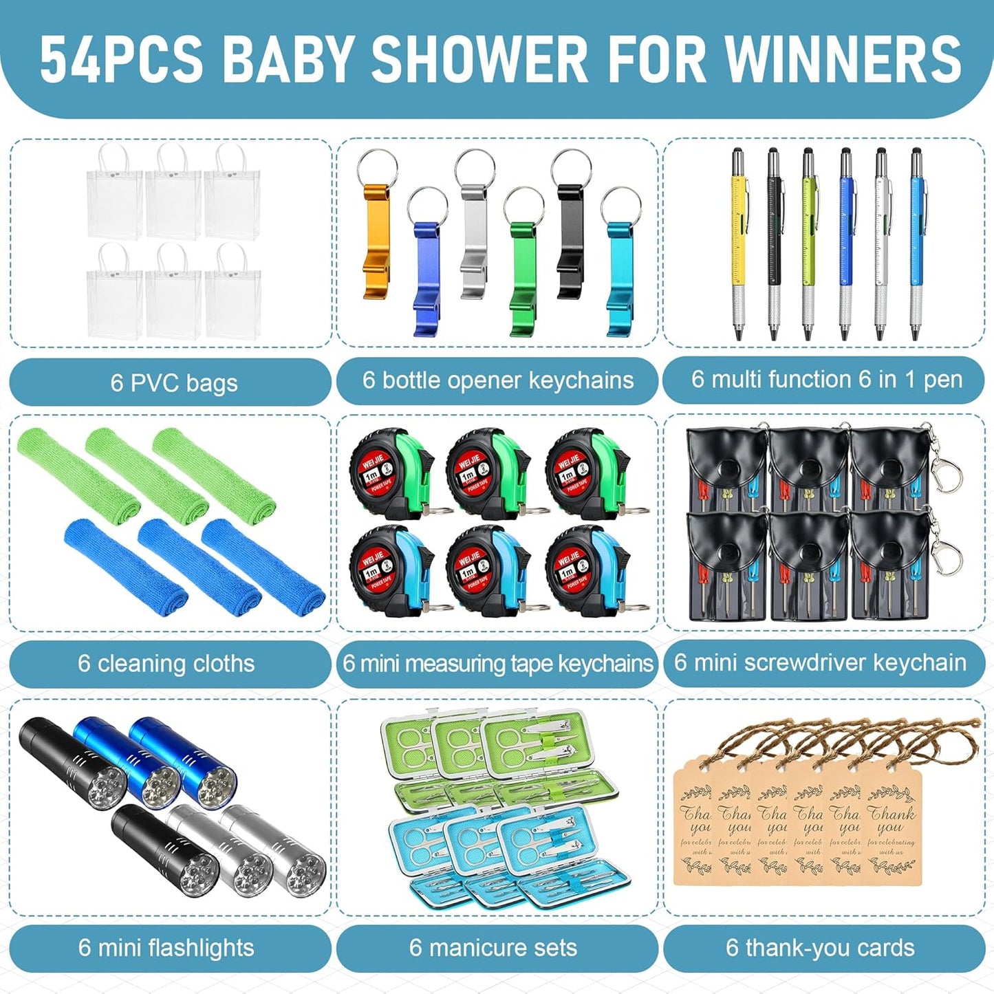 6 Set Baby Shower Prizes for Men, Bottle Opener Keychain, Multi-Tool Pen, Measuring Tape, Nail Clipper Set, Baby Shower Game Prizes for Winner Bachelor Party