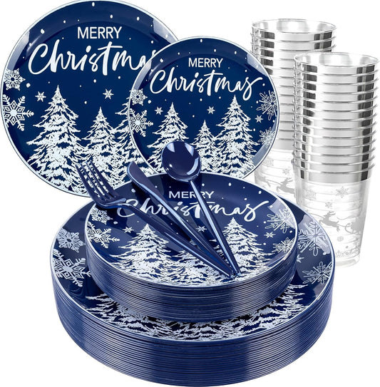 Supernal 150pcs Christmas Dinnerware Set - Blue and White Plates With Trees Design, Blue Silverware, Santa and Moose Silver Cups for New Year