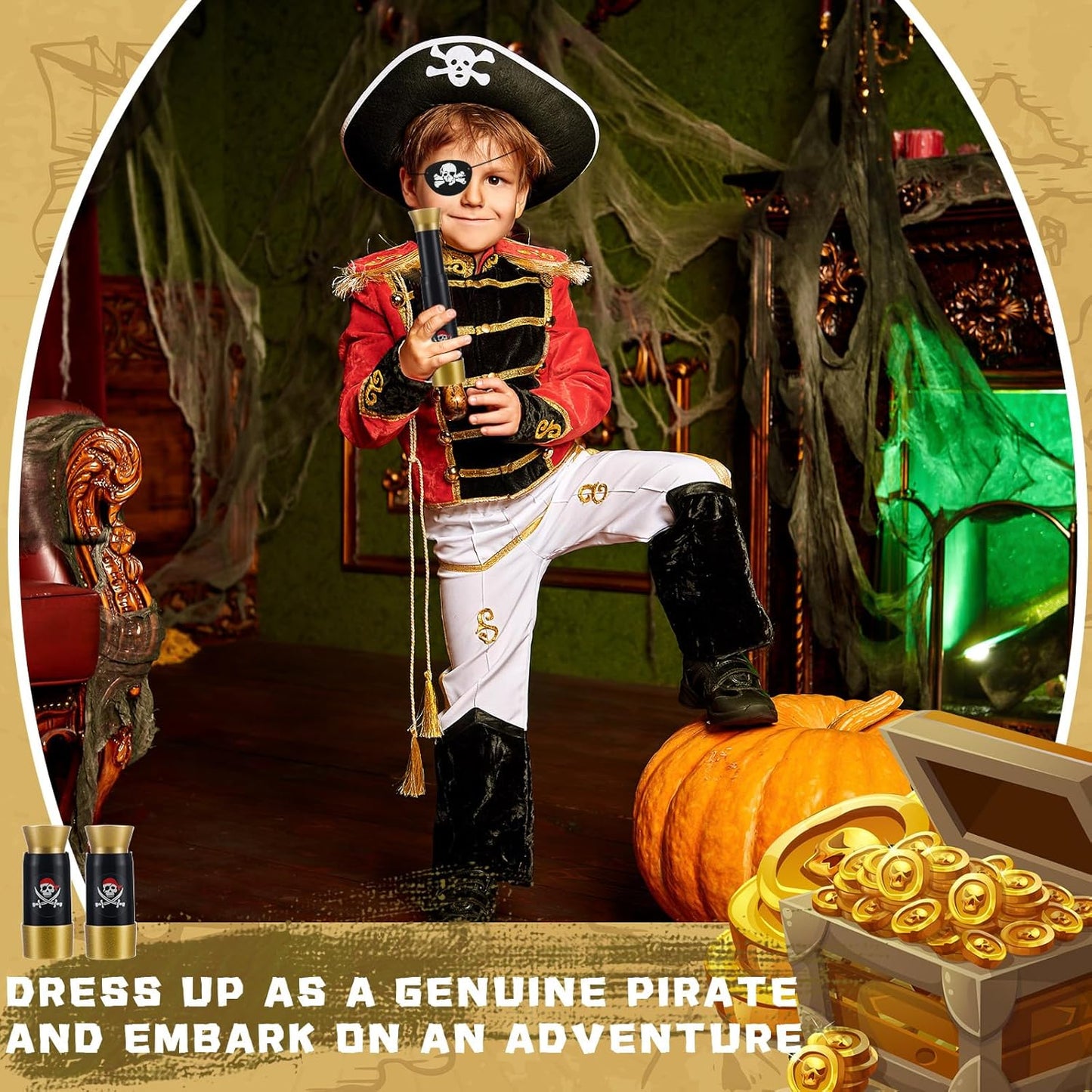 Libima 24 Set Halloween Pirate Eye Patches and Telescopes Sets for Kids, Plastic Pirate Telescopes Patch Bulk for Halloween Party Favors Birthday Supplies(Stylish Style)