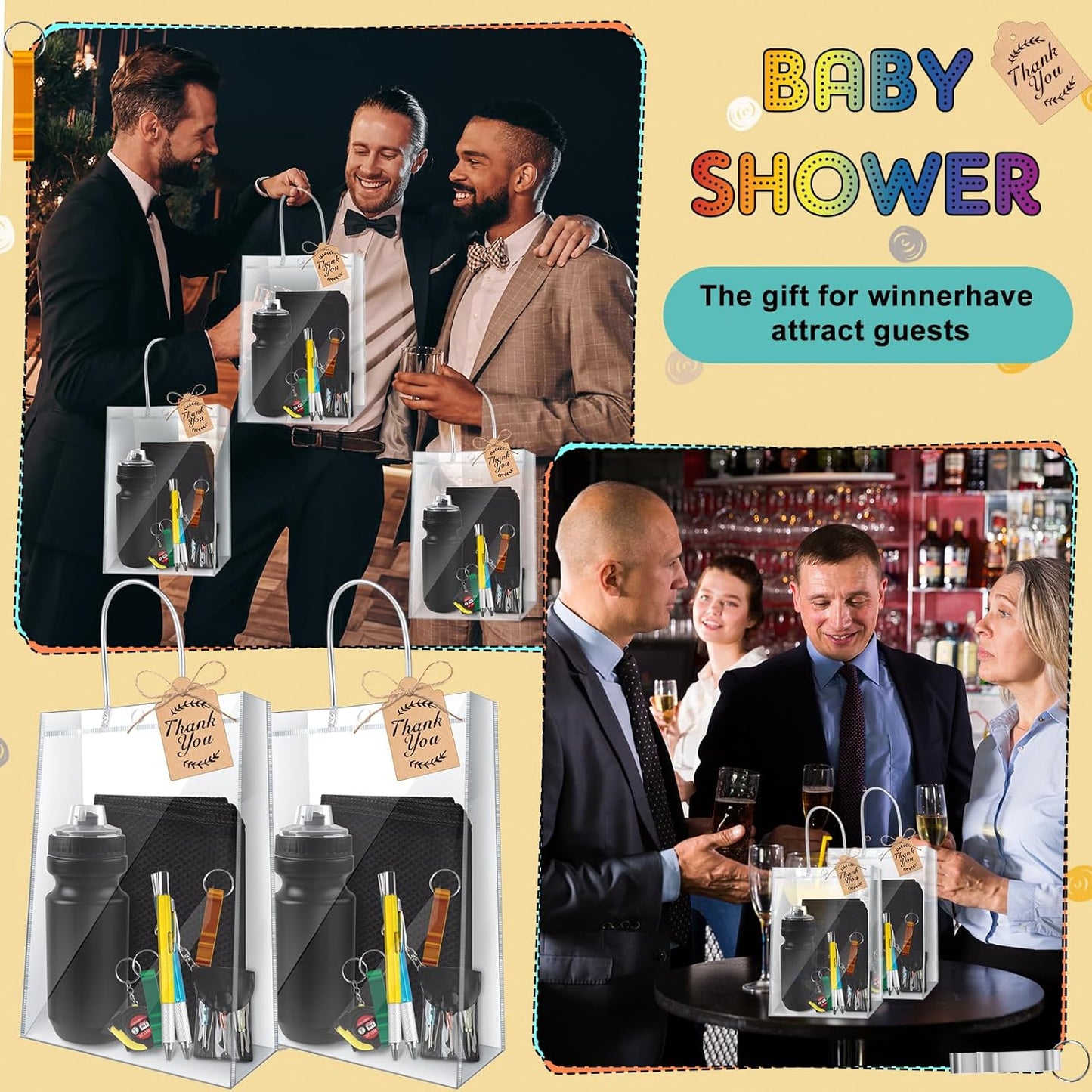 4 Sets Baby Shower Prizes for Men with Kettle Ruler Pen Cooling Towel Tool Kit Bottle Opener Cardboard Hemp Rope Plastic Bag for Baby Shower Game Winners Men Bachelor Party