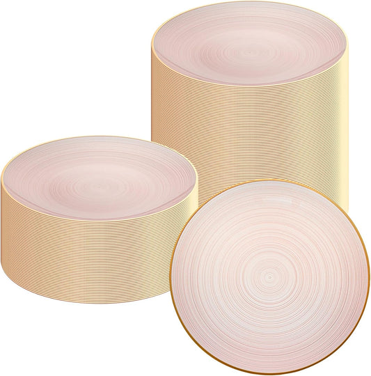 Restaurantware Plastic Plates 20 Pcs 10" Gold Rimmed Disposable Plates Heavy-Duty Pink Translucent Rippled Plastic Dinner Servers for Party, Weddings, Salads, Desserts, and Appetizers