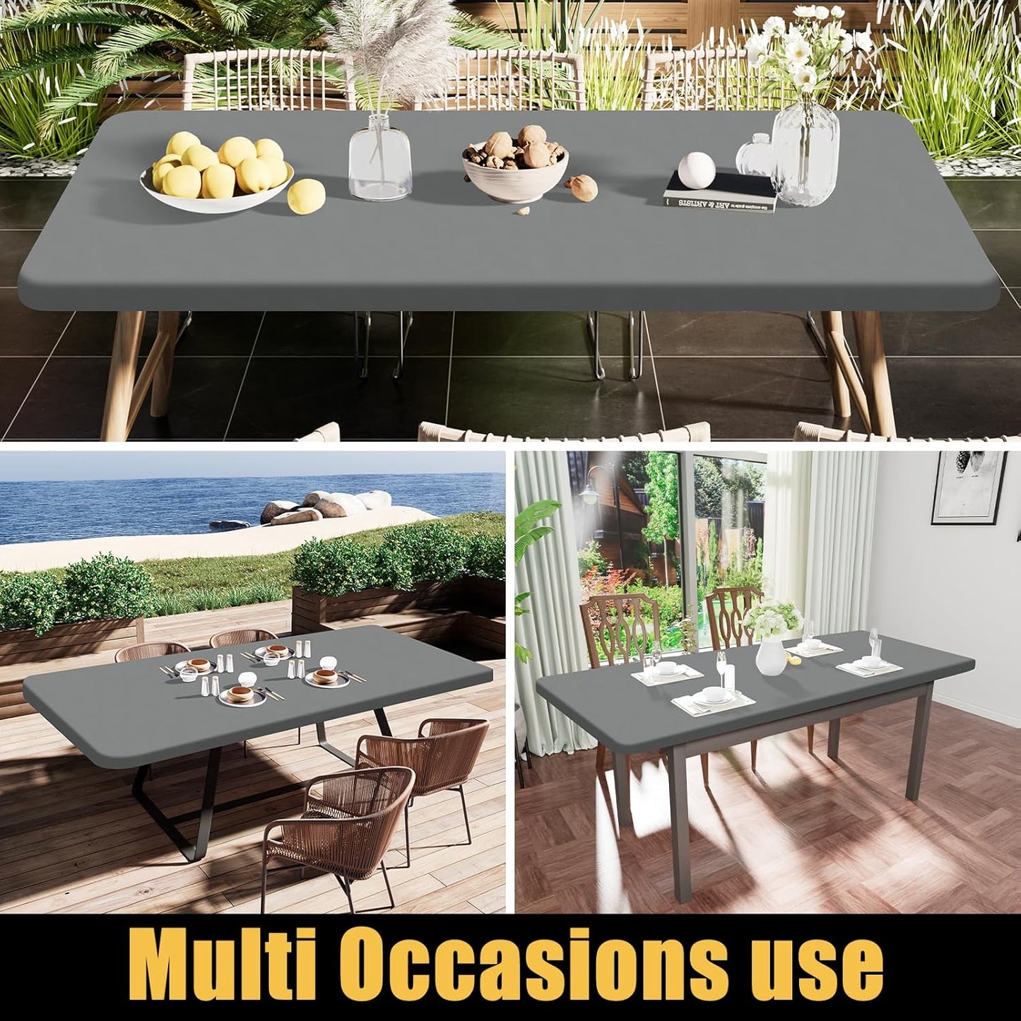 Smiry Rectangle Tablecloth, Elastic Fitted Flannel Backed Vinyl Tablecloths for 8ft Folding Tables, Waterproof Wipeable Table Covers for Indoor, Outdoor, Picnic and Camping (Grey, 30"x96")