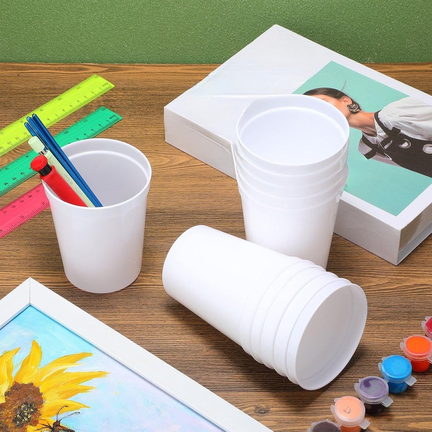 Yungyan 12 Pack 16oz Stadium Cups Reusable Plastic Cups Blank Drink Tumblers for Parties, Events, DIY Projects, 4.5 x 3.54 x 2.72 Inch (White)