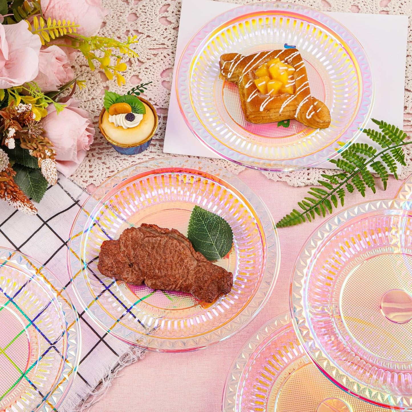 WELLIFE Iridescent Plastic Plates 9 Inch, 150 Count Disposable Plastic Dessert Plates for Disco Party Decorations Wedding Baby Shower Birthday Easter Valentine's Day Party