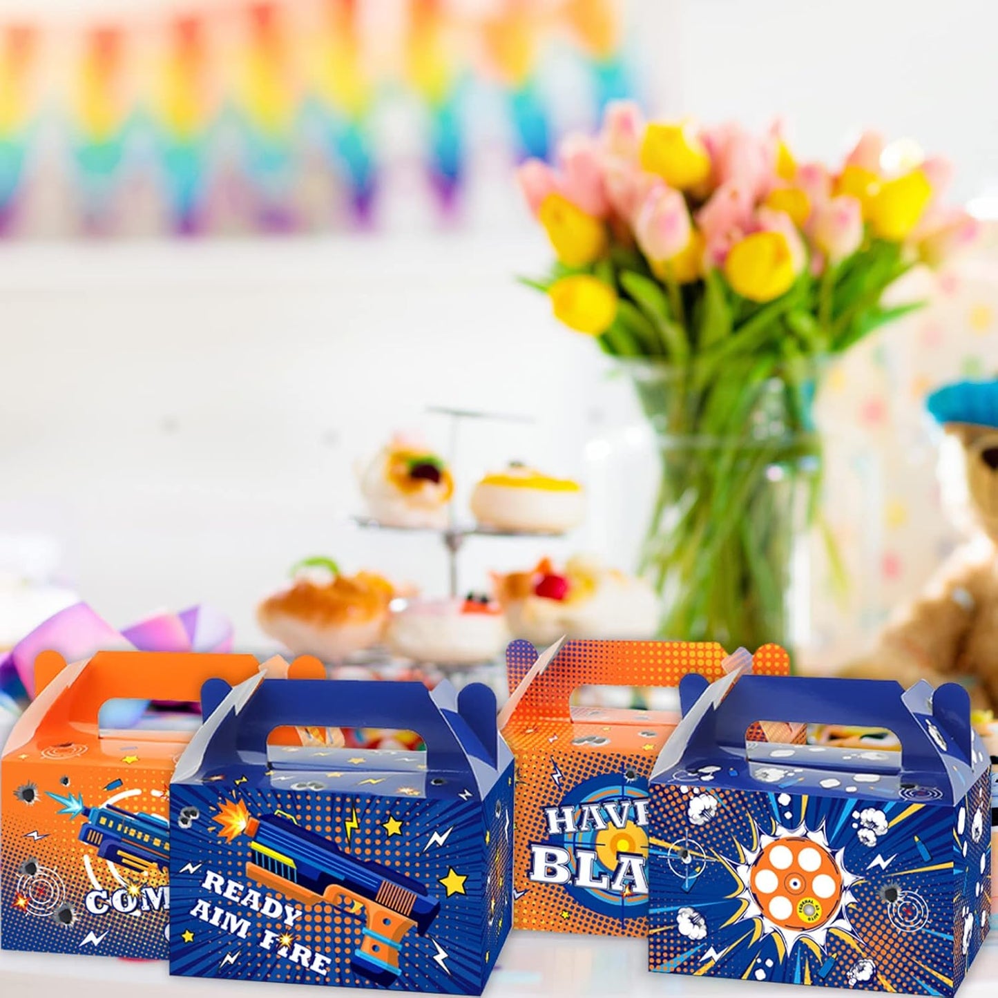 12 Pcs Dart War Party Favor Boxes Dart Battle Goodies Candy Treat Boxes Game Dart Theme Gift Bags for Kids Boys Blue and Orange Birthday Party Baby Shower Decorations Supplies 6 x 3 x 3.5 Inches