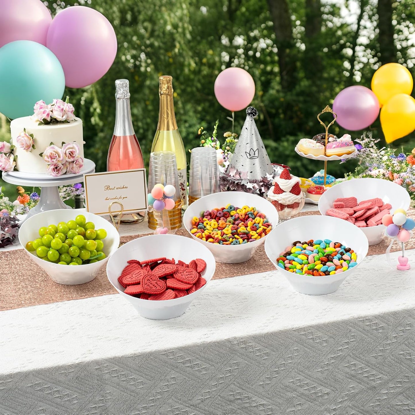 Goodluck 5 Pack White Plastic Serving Bowls for Party - 20 OZ Angled Disposable Serving Bowls for Wedding Party Chip, Candy, Salad & Fruit