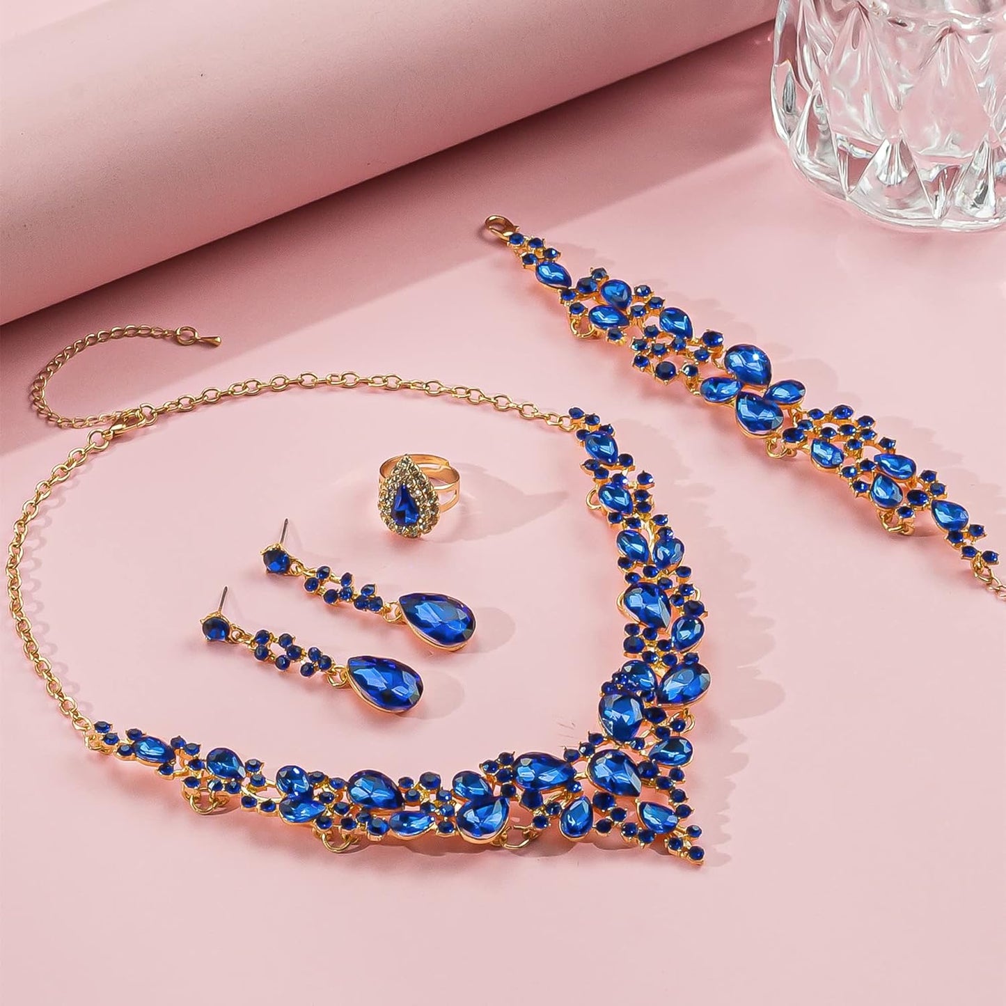 Crystal Bridal Wedding Jewelry Sets for Women Rhinestone Teardrop Crystal Statement Choker Necklace Drop Earrings Link Bracelets Rings Teardrop Jewelry Set for Brides Bridesmaids