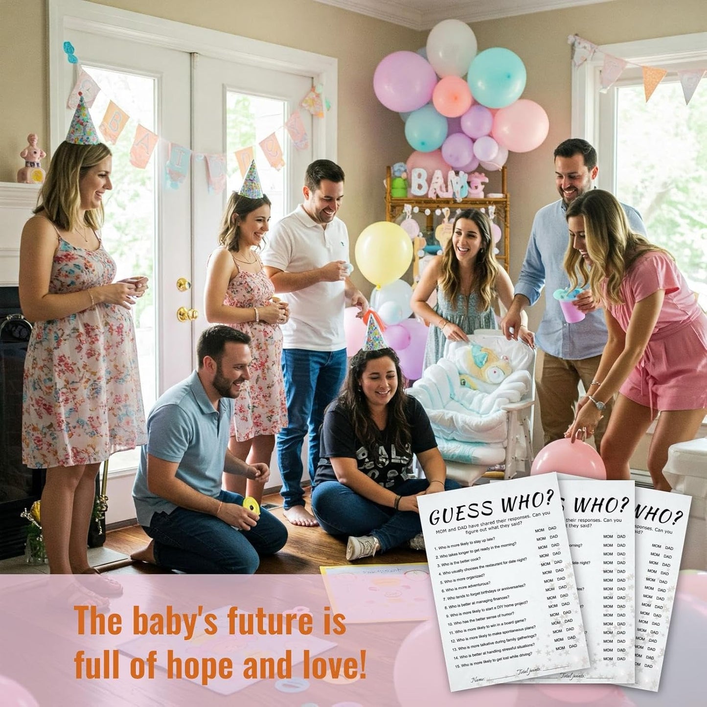 Baby Shower Guess Who Trivia Game Cards - 30 Player Family Friend Party, Minimalist Light Gray Design, Ready to Play, 5x7 Inch with Stars & Strips (Guess Who)