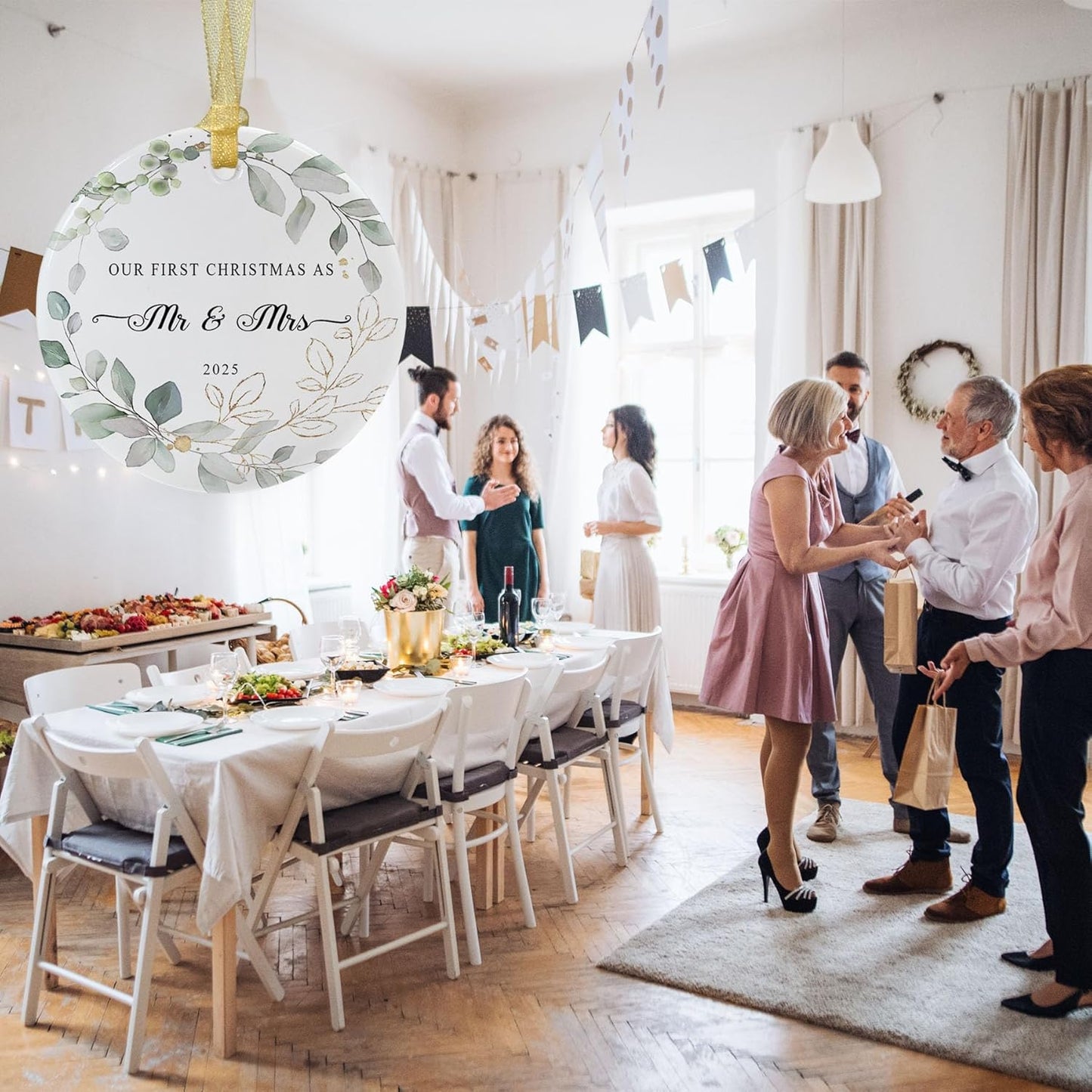 Our First Christmas Married Ornament 2025,Wedding Gifts for Couples Unique Decoration,First Year Newlywed Mr and Mrs Hanging 2.9" Ceramic Round Ornament