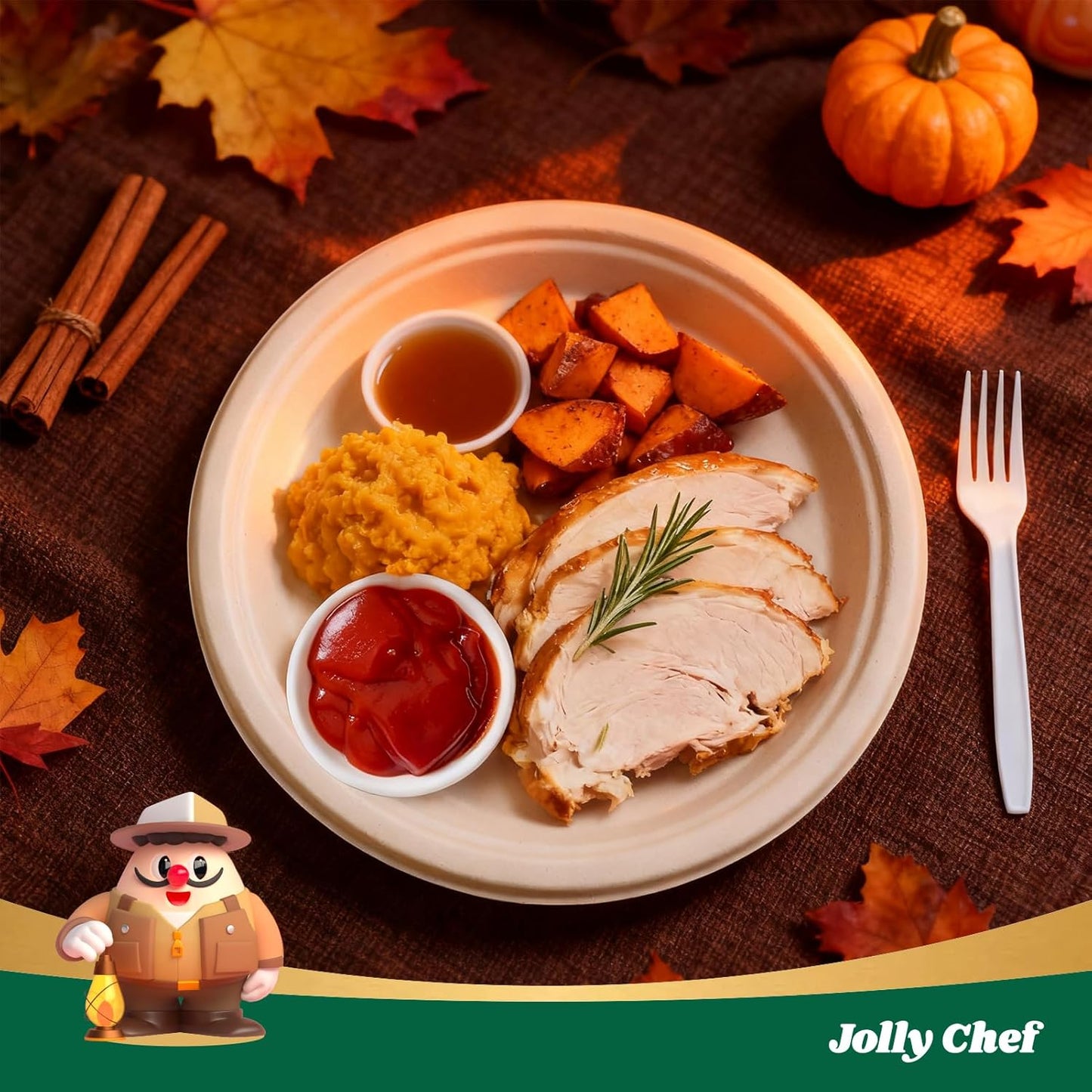 JOLLY CHEF Compostable Heavy Duty Plates 𝟭𝟬 𝗜𝗻𝗰𝗵 [𝟭𝟬𝟬 𝗣𝗮𝗰𝗸] Eco-Friendly Disposable Natural Paper Plate Bagasse Biodegradable Food Tray Bulk for Party Dinner Thanksgiving Day (Brown)