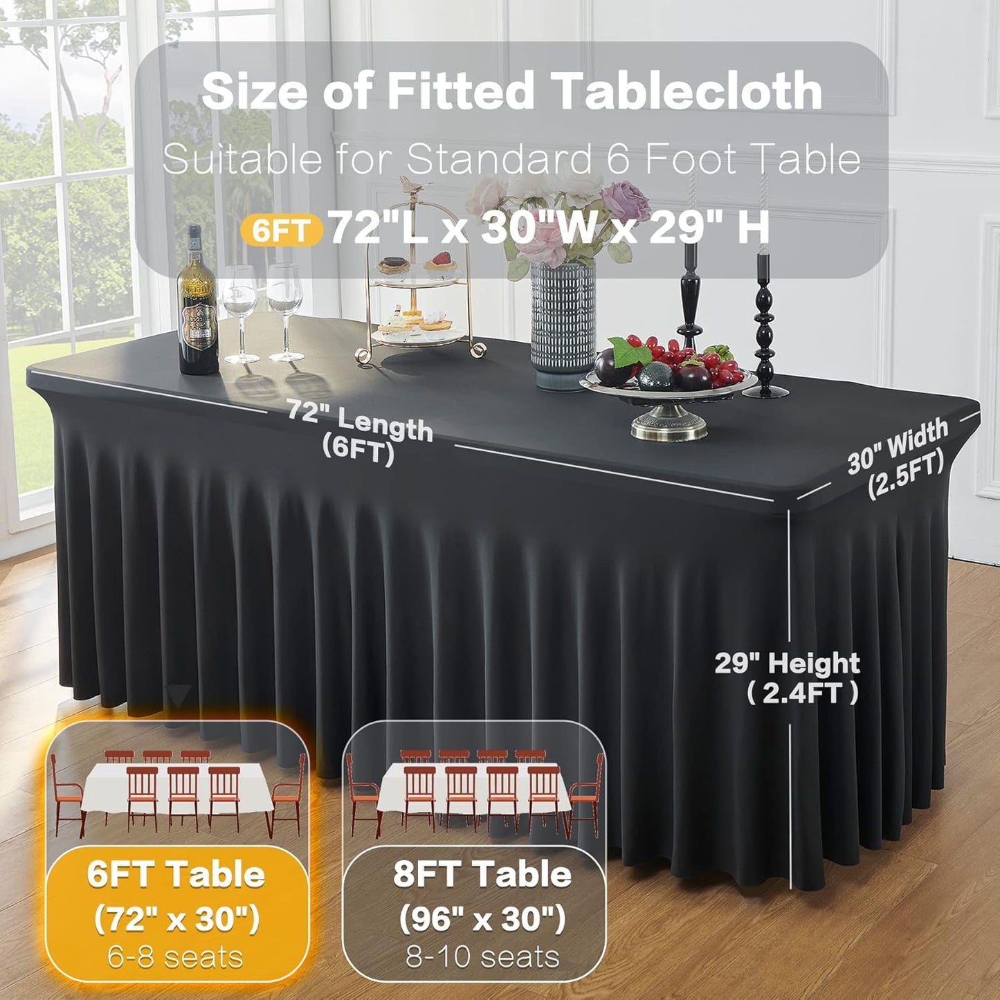 12 Pack Black Spandex Tablecloth for 6 Foot Rectangle Tables, Wrinkle Free Fitted Table Cloth Cover 6ft Black Stretchy Tablecloths with Skirt for Parties Weddings Birthday Banquet Baby Shower