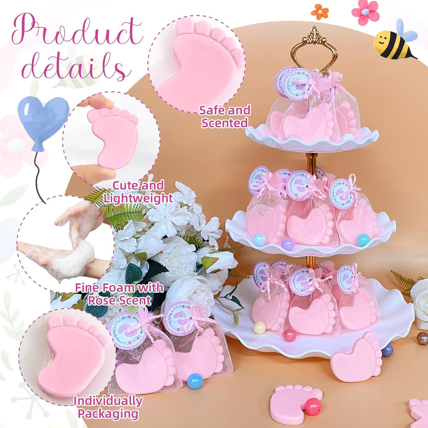 30 Sets Baby Shower Favors Refreshing Feet Soap Perfect for Guests Gifts with Organza Bags Thanks Cards Birthday Party Decoration Game Prizes（pink）