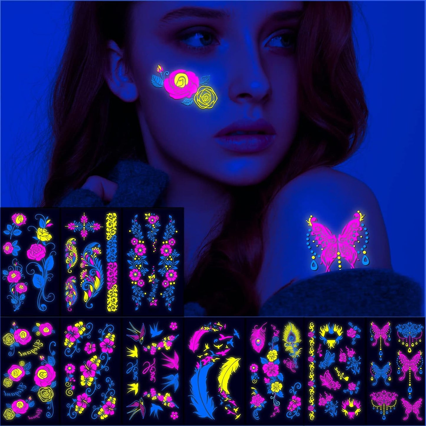 Neon Temporary Tattoos Glow In The UV Neon Tattoos Stickers 61 Glitter Styles Flowers Butterfly Feather Colorful Fake Waterproof Tattoos for Women Girls Party Decoration