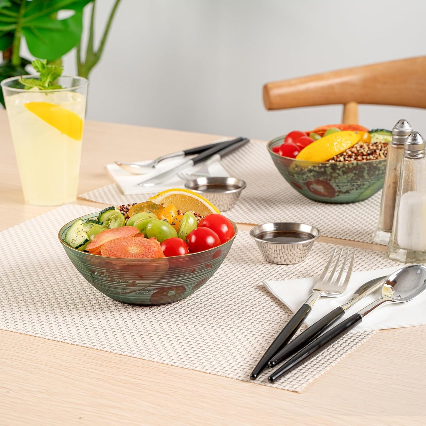 Restaurantware Plastic Bowls 20 Pcs 16 oz Gold Rimmed Disposable Soup Bowls Heavy-Duty Green Translucent Rippled Dinnerware Containers for Party, Desserts, Salads, Snacks, and Catering