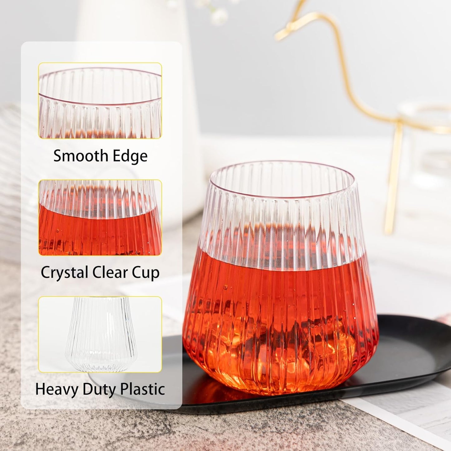 N9R 24 Count plastic wine glasses disposable 12oz - Elegant Origami Ripple Design, Shatterproof & Disposable for Whiskey, Cocktail, Champagne, Parties, Weddings, Events