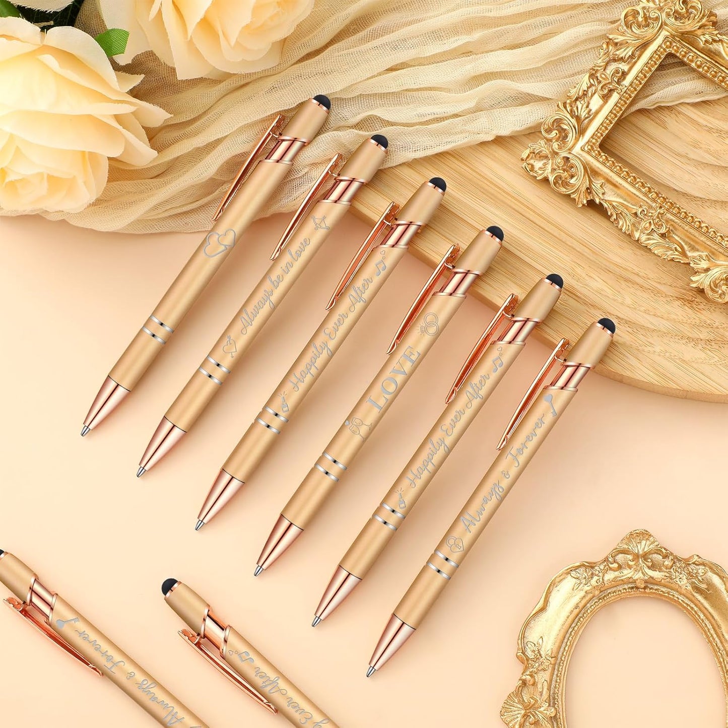 Kisston 36 Pcs Wedding Pens Bulk Bridal Shower Pens Favors Bachelorette 6 Styles Retractable Ballpoint Wedding Favors Supplies for Guest Game Office(Champagne)