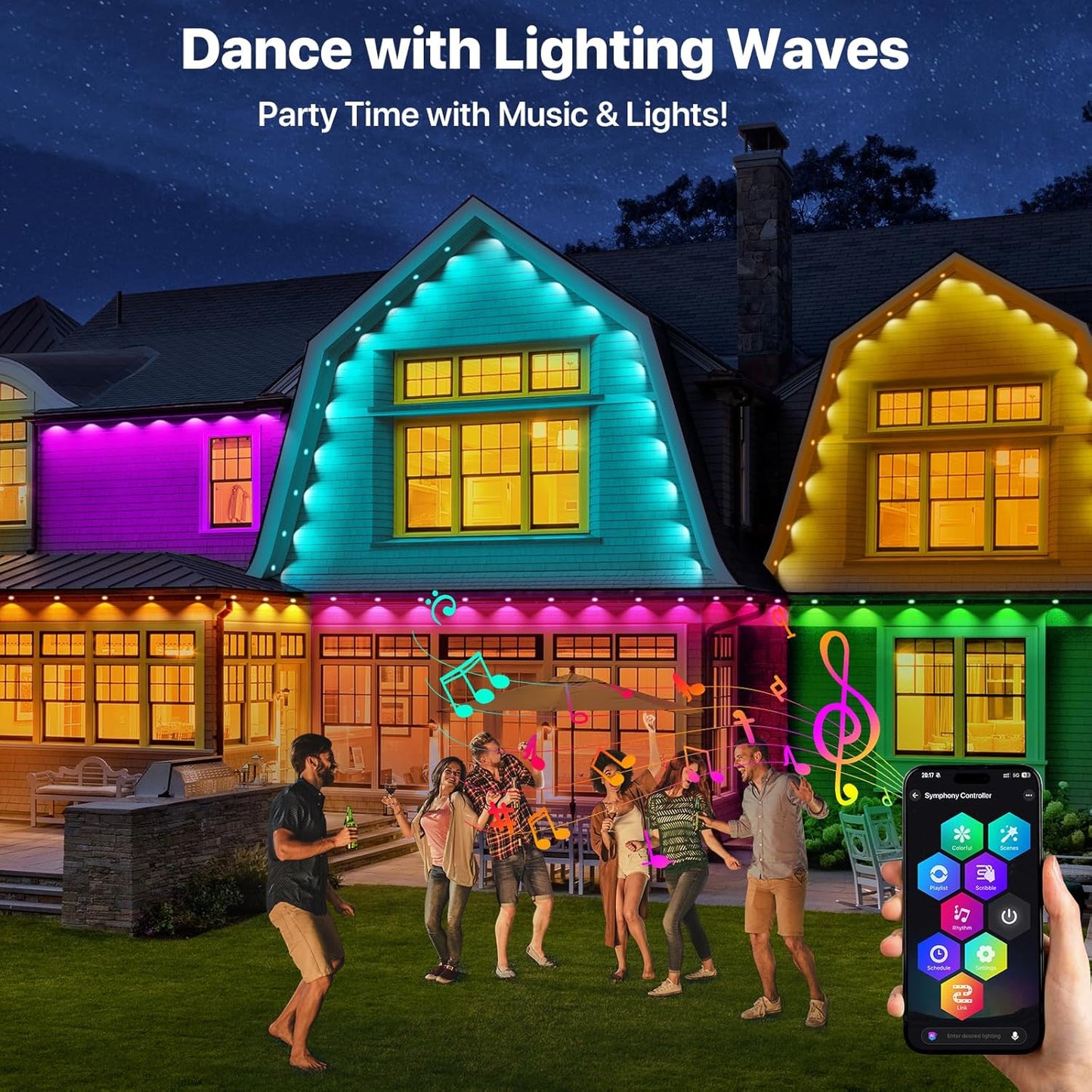 Permanent Outdoor Lights,100FT RGB+IC LED Lights with Smart APP & Remote Control, 72 Scene Modes, Waterproof IP65 for Holiday,Christmas,Yard Decorations(Extension Cord Not Included)