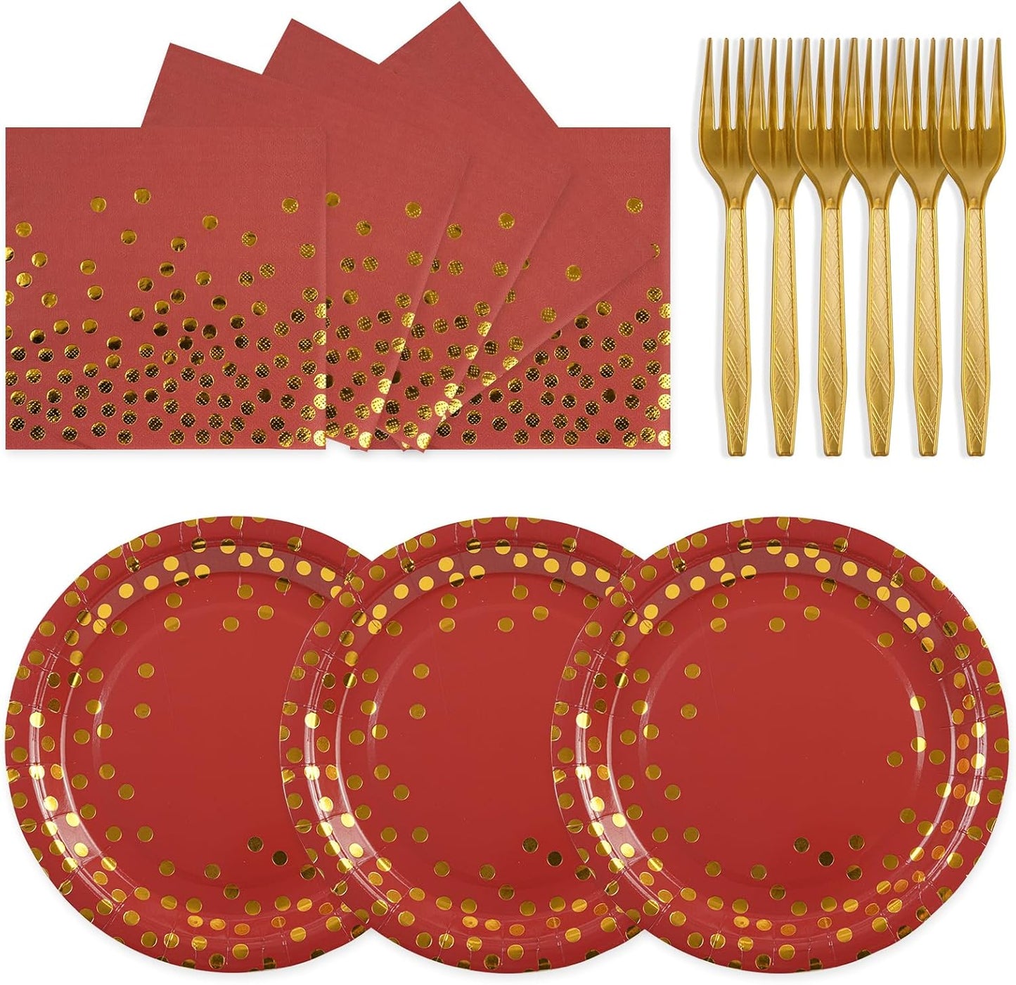 75PCS Paper Plates and Napkins Set - Red and Gold Dot Disposable Party Dinnerware Includes Paper Plates, Napkins, Forks Decorations for Graduations, Birthdays and Weddings, Serves 25