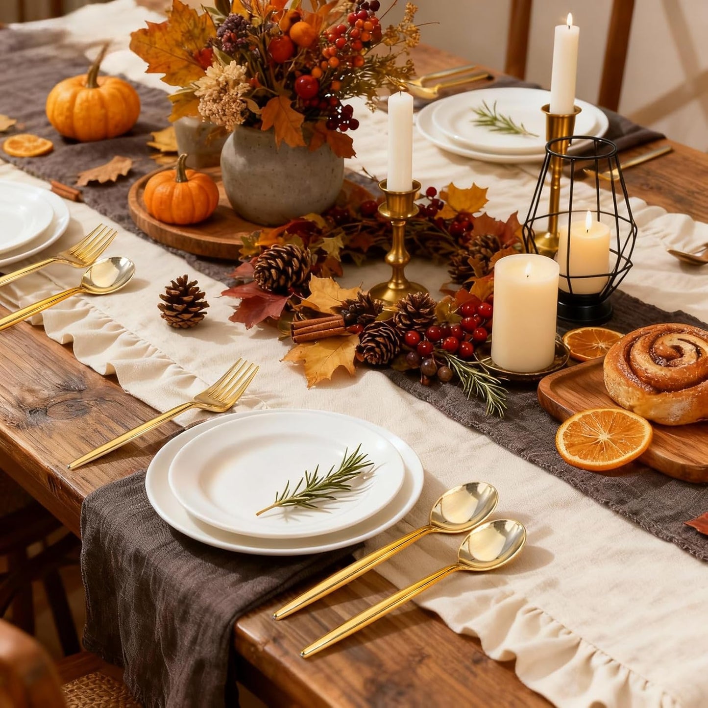 Rubtlamp 90Pcs Gold Plastic Silverware, Gold Disposable Thanksgiving Utensils, Plastic Cutlery Include 30 Plastic Knives, 60 Forks and Spoons, Fancy Plastic Silverware Heavy Duty for Thanksgiving