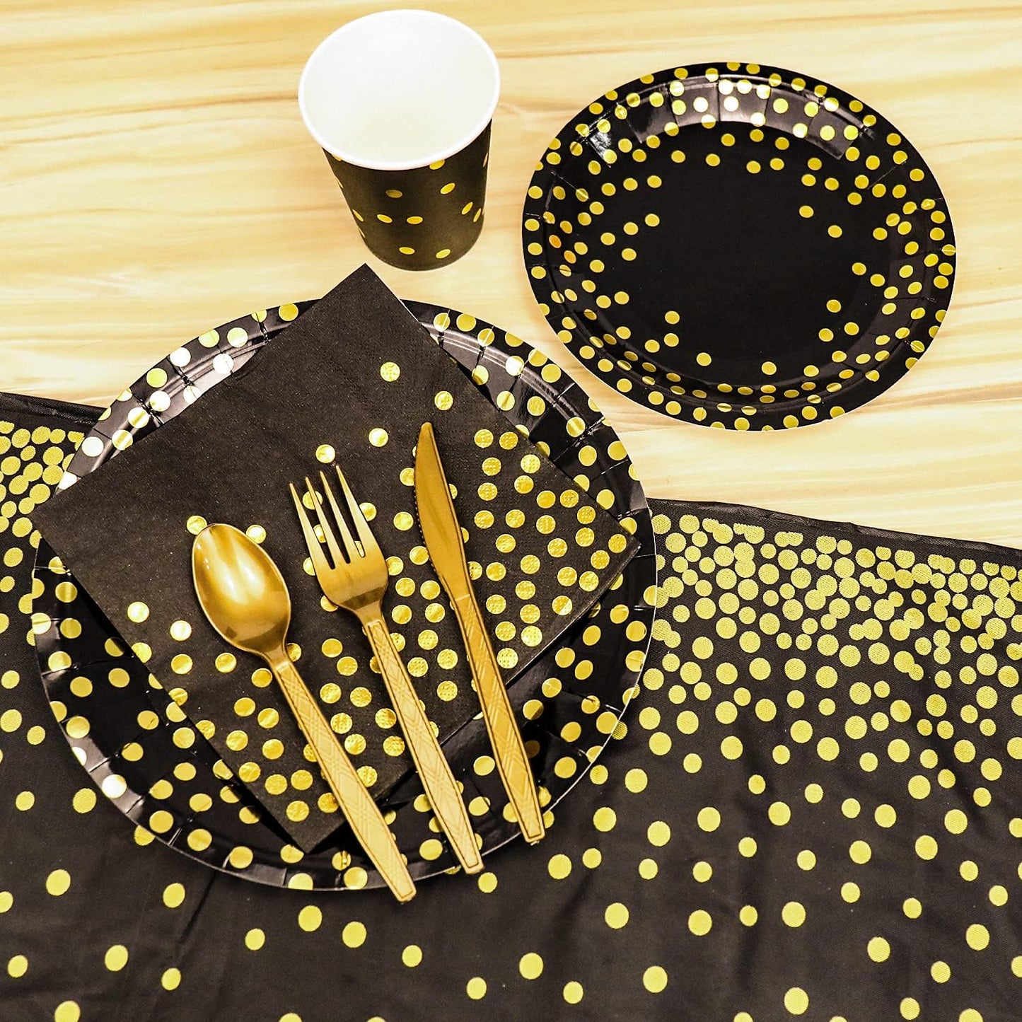 176 Pieces Gold Disposable Party Dinnerware Set &Golden Dot Disposable Party Dinnerware - Black Paper Plates Napkins Cups, Gold Plastic Forks Knives Spoons
