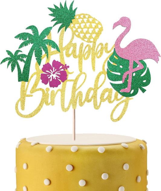 1 Pack Happy Birthday Cake Topper Tropical Hawaiian Luau Cake Pick Glitter Flamingo Plam Leave Pineapple Cake Decoration for Summer Baby Shower Birthday Party Supplies