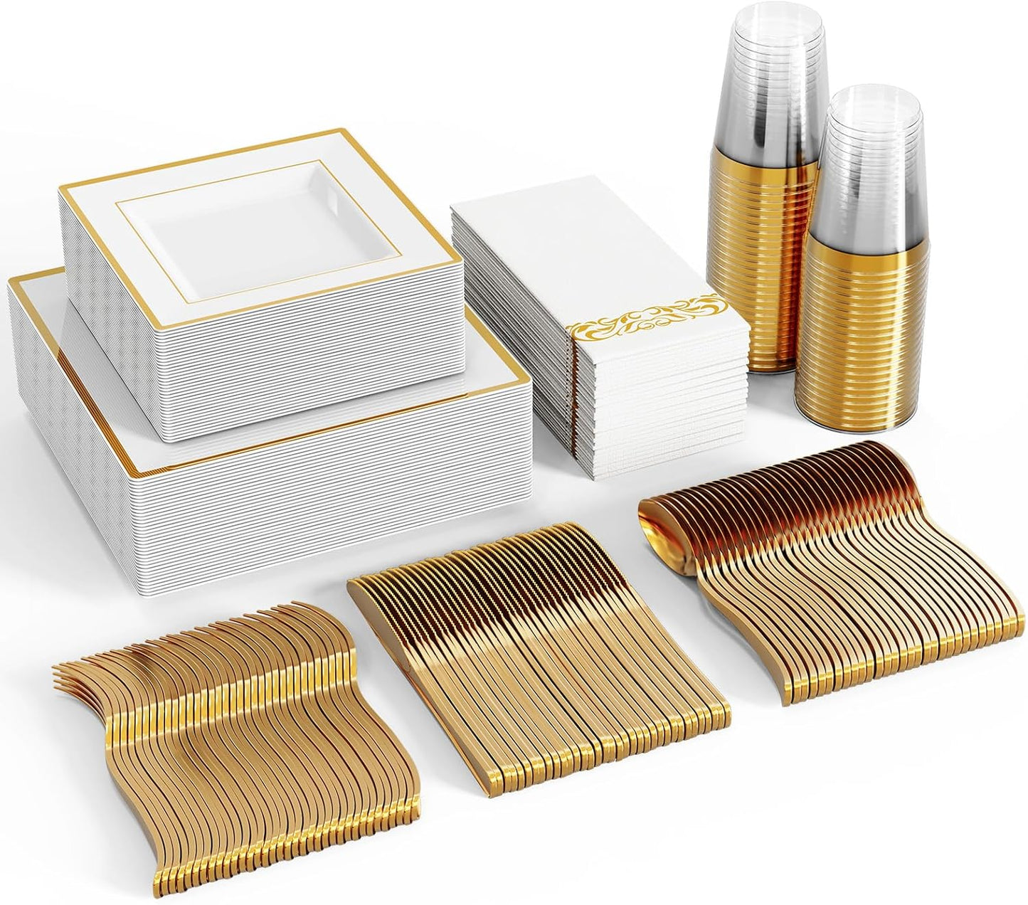 FOCUSLINE 350 Ct Disposable Dinnerware Set for 50 Guests -Heavy Duty Square Plastic Plates with Gold Rim, Includes 50 Dinner & Salad Plates, Cups, Napkins, Cutlery Set