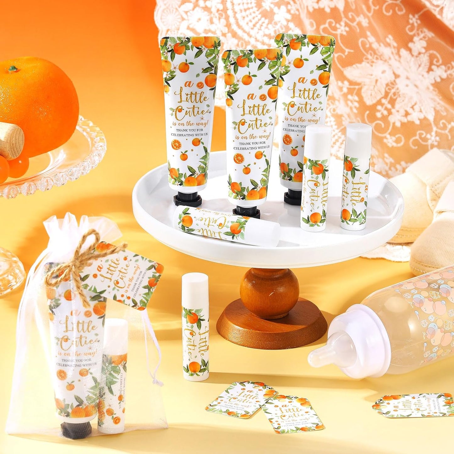 48 Sets 192 Pcs Little Cutie Baby Shower Gifts for Guests Orange Cutie Baby Shower Games Prizes Favors Bulk Include 48 Hand Cream and 48 Lip Balm Guests Gender Reveal Souvenirs Gifts