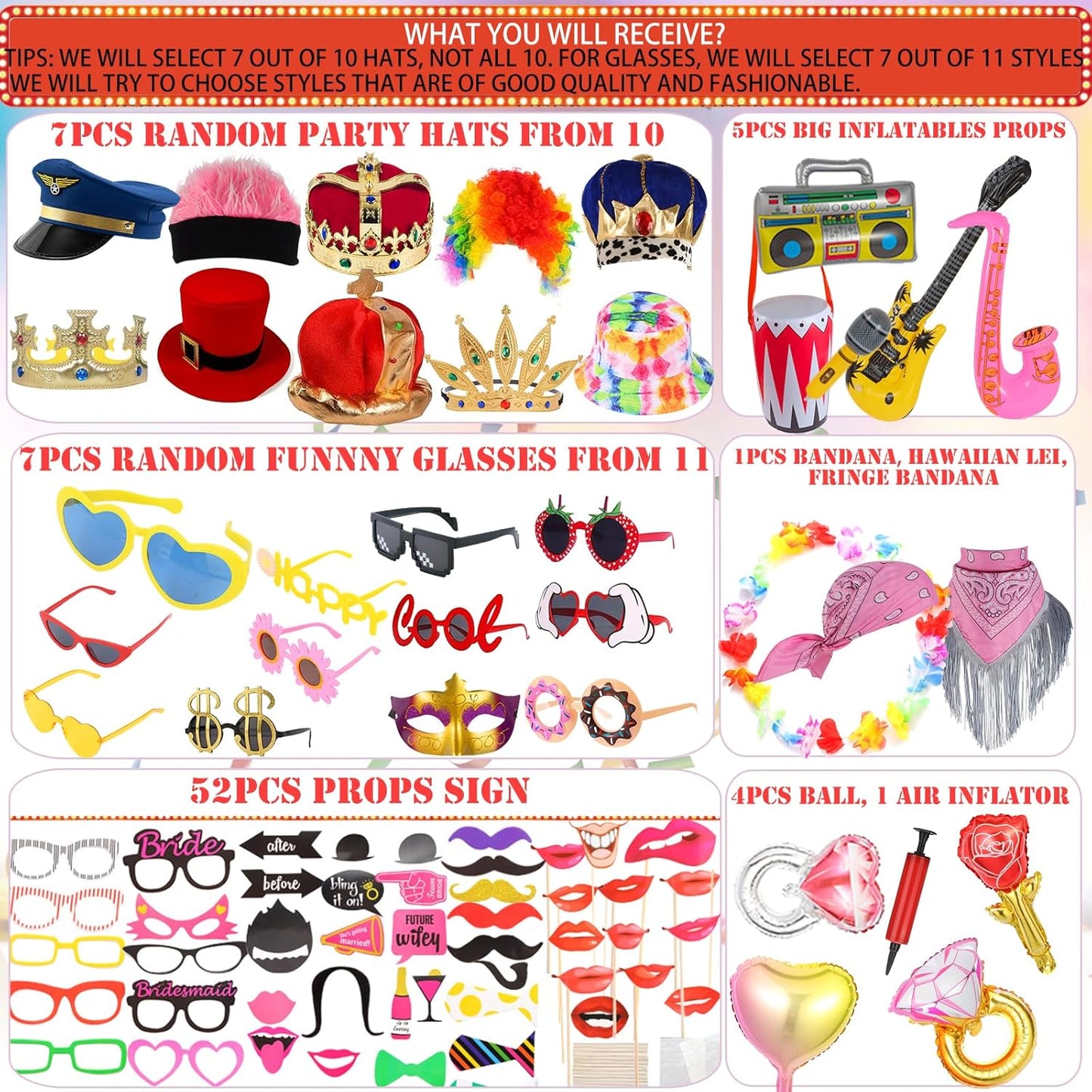 Bulk Opulent Photo Booth Props Set for Adult, Novelty Funny Hats and Glasses, Colorful Wig, Inflatable, Phtot Booth Props Kit for Graduation, Wedding, Birthday, Bachelorette and All Occasions
