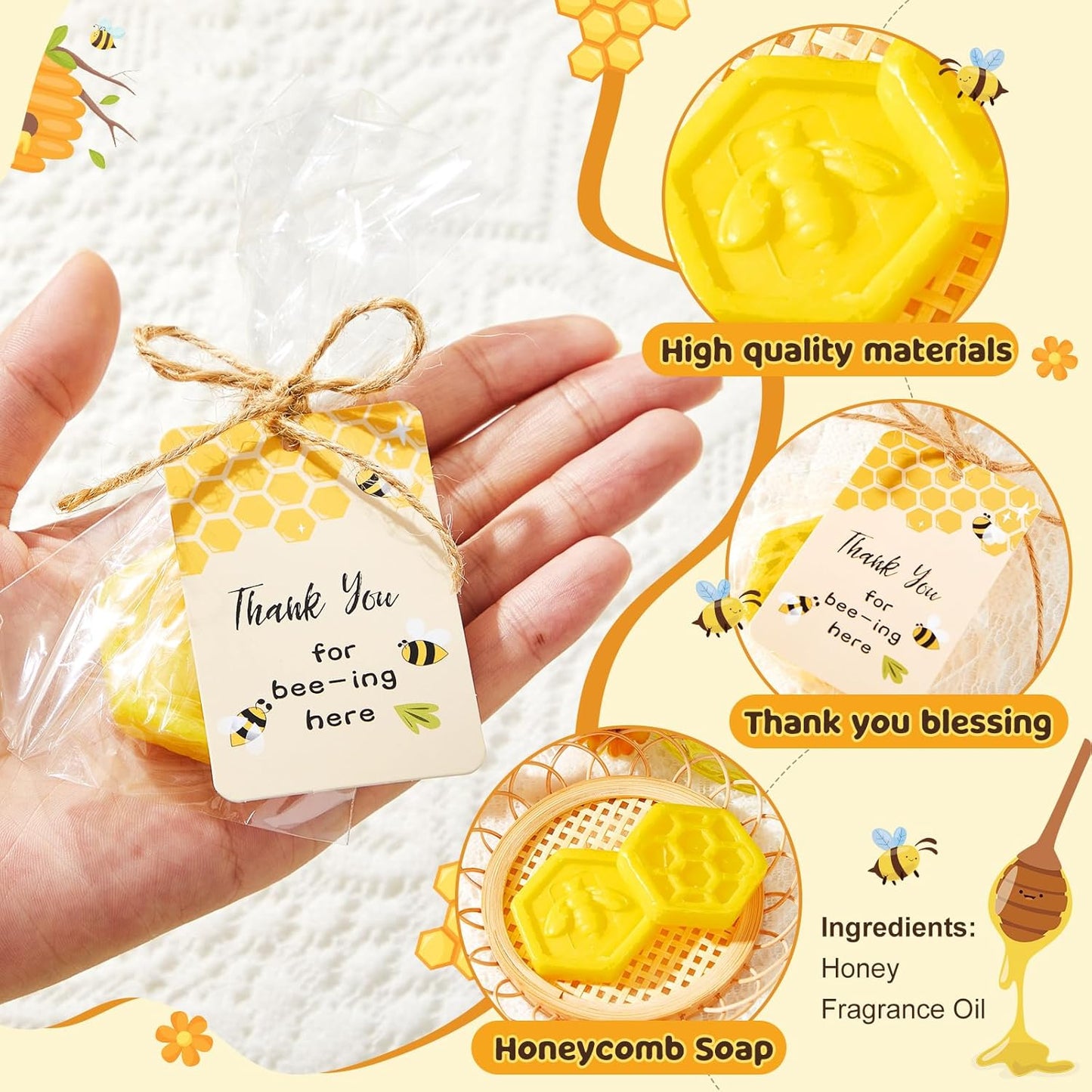 100 Set Baby Shower Favors Bee Party Favors Including Honeycomb Soap with Thank You Card Gift Honey Soap for Guest Gender Reveal Honey Gift Birthday Party Decorations (Yellow)