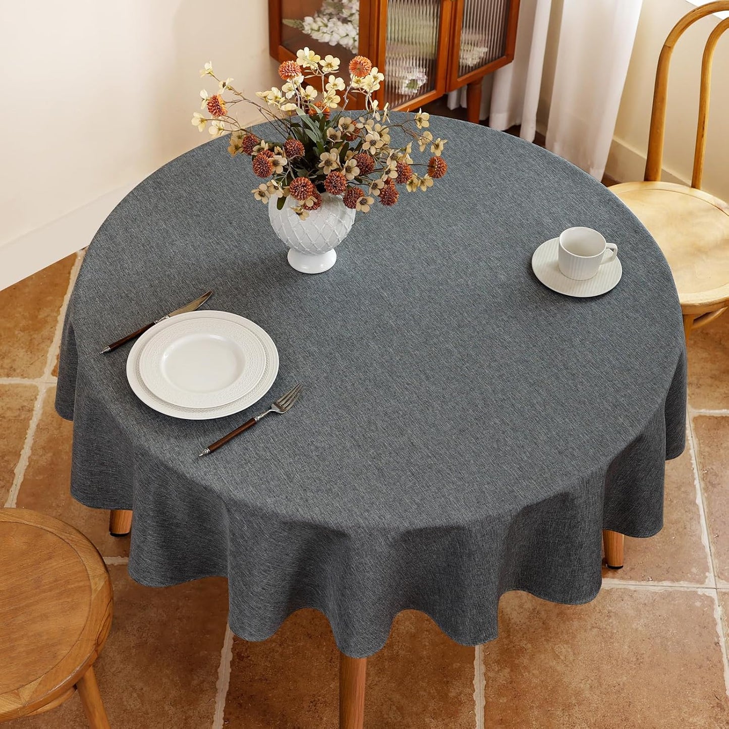 Fabric 60 Inch Grey Round Table Cloth, Faux Linen Textured Stain Resistant & Reusable Circle Tablecloth, Spill Proof for Dinning Kitchen Party