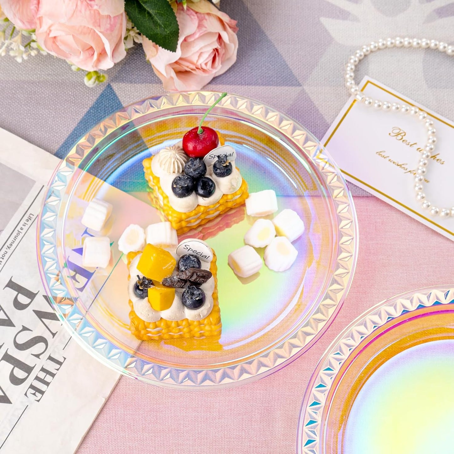 WELLIFE Iridescent Plastic Plates 9 Inch, 150 Count, Disposable Plastic Party Plates for Dessert Cake Easter Valentine's Day Wedding Birthday Bridal Disco Party Decor Baby Shower