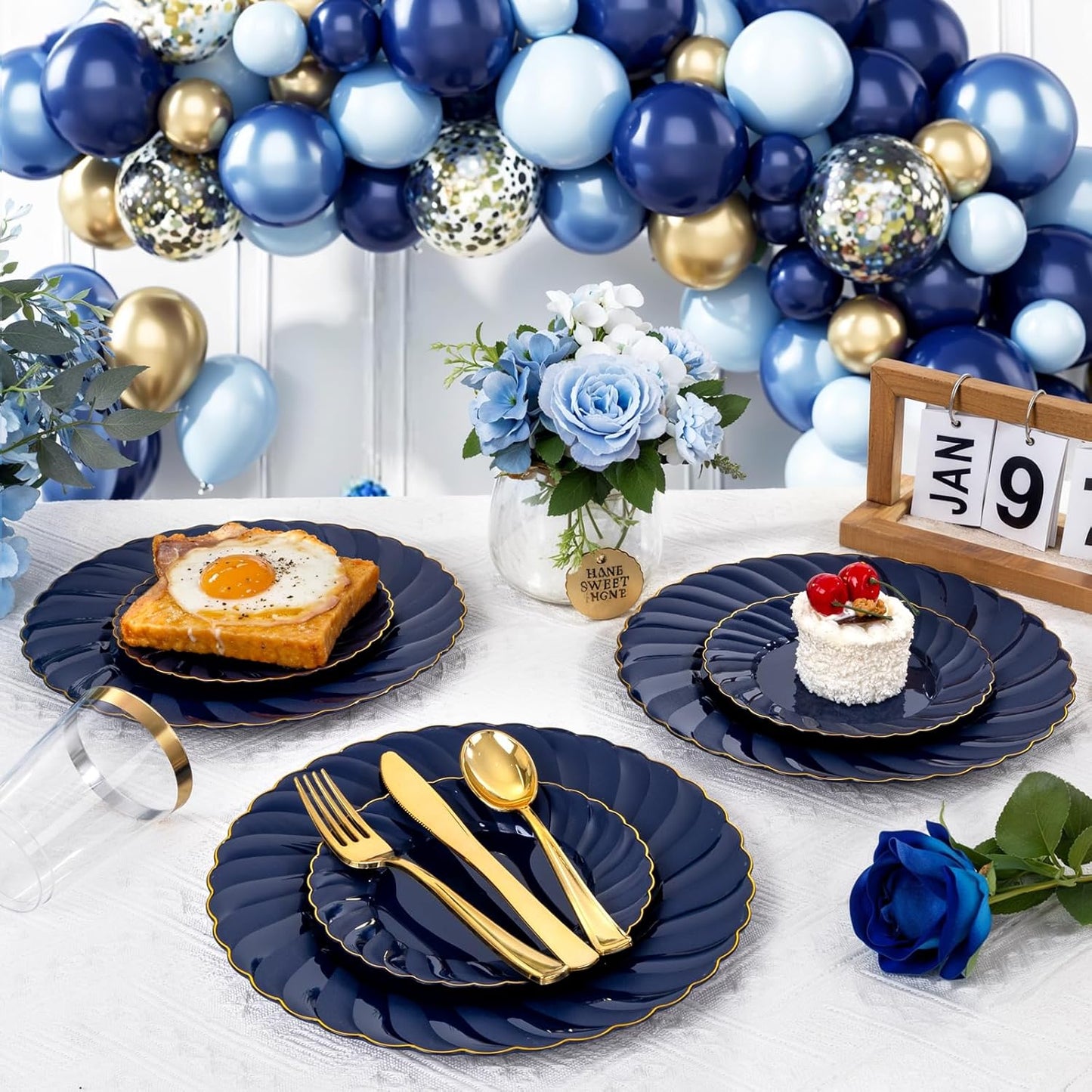 YOUBET 100 Pack Blue Scalloped Plastic Plates - 6.5 Inch Navy Blue Disposable Plates - High End Elegant Vintage Dessert Plate for Party & Weeding & Birthday