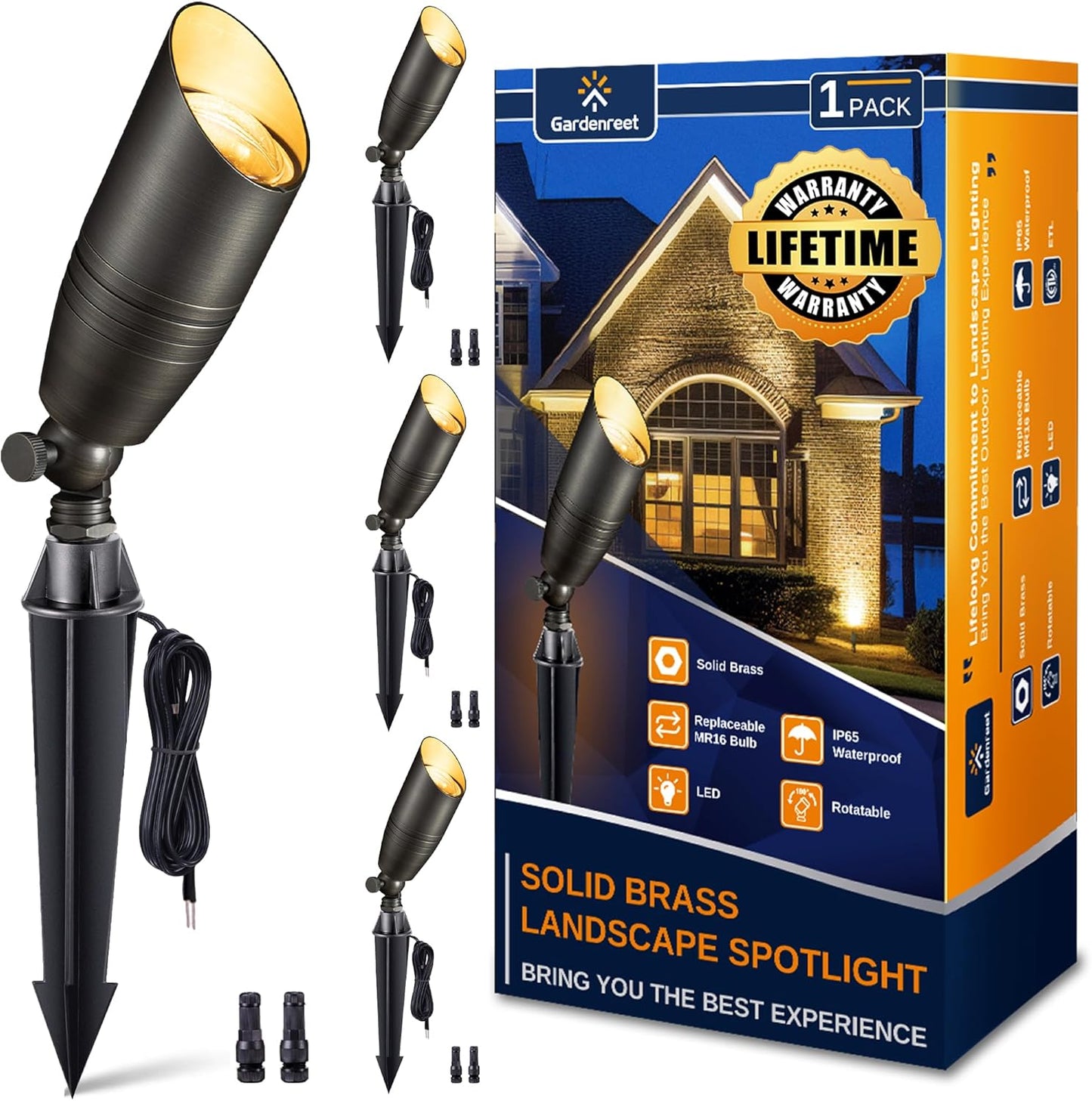 Gardenreet Brass Landscape Lighting - Low Voltage Spotlights Outdoor LED, 12V Wired Uplights, Waterproof Spot Lights, Antique Bronze for Outside Trees Without MR16 Bulb (4 Pack)