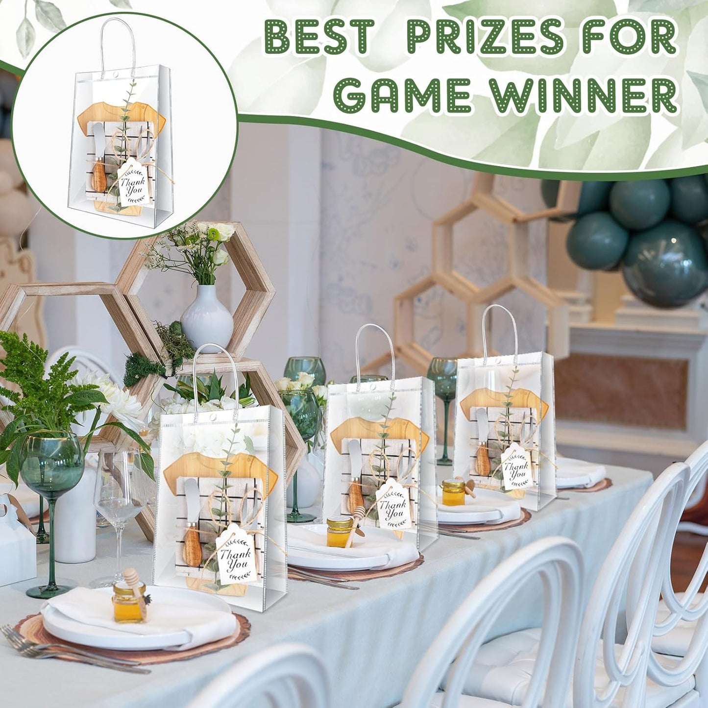 43 Pcs Baby Shower Game Prizes for Winners 6 Sets Baby Shower Prizes for Game Player with Bamboo Cheese Board Oak Knife Fork Placemats Artificial Eucalyptus Stems Tags Bags