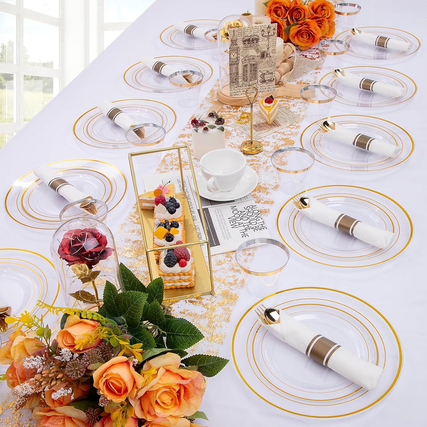 WELLIFE 210PCS Clear-Gold Plastic Plates - Dinnerware Sets for 30 Guests - 60 Disposable Plates, 90 Plastic Silverware, 30 Cups, 30 Napkins for Party