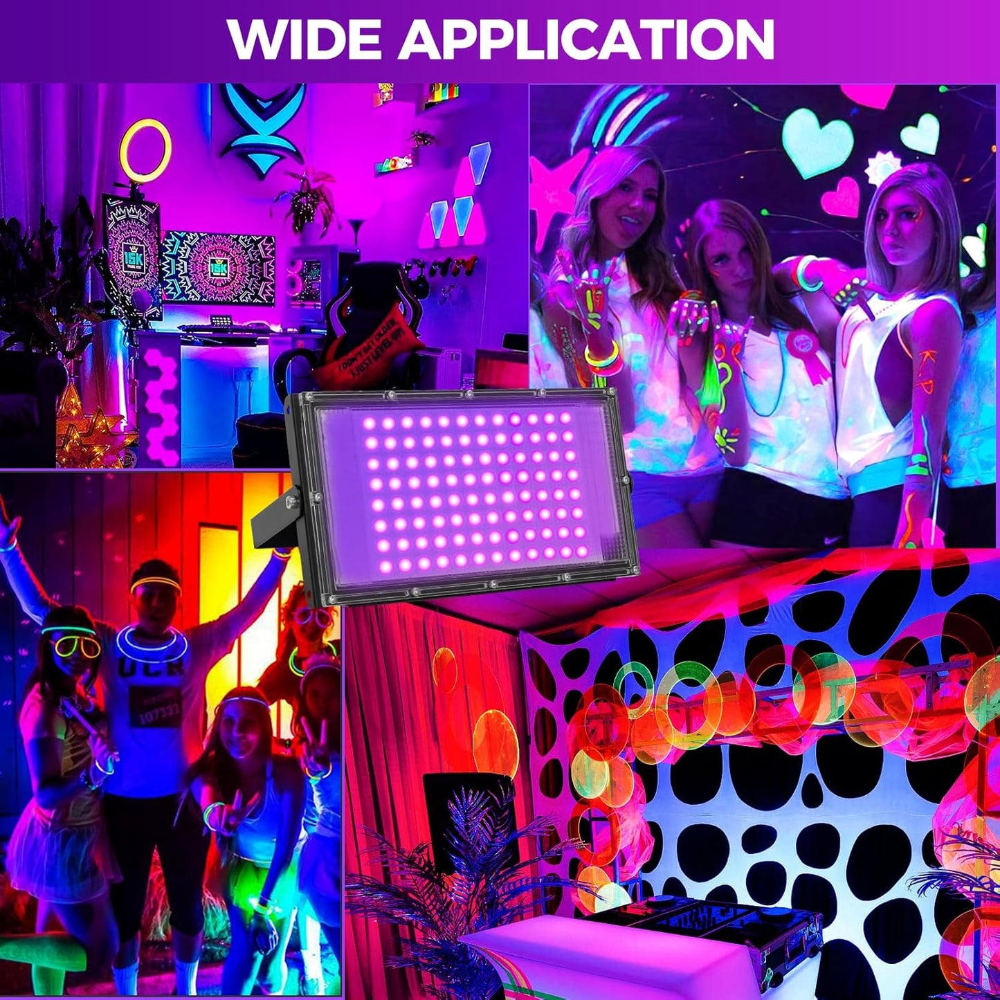 100W LED Black Lights for Glow Party - Waygor UV Blacklight Floodlight 395nm BlackLights Spotlight Purple Black Light Flood Light Fluorescent UV Lights Lamp for Halloween Decor (4 Pack)