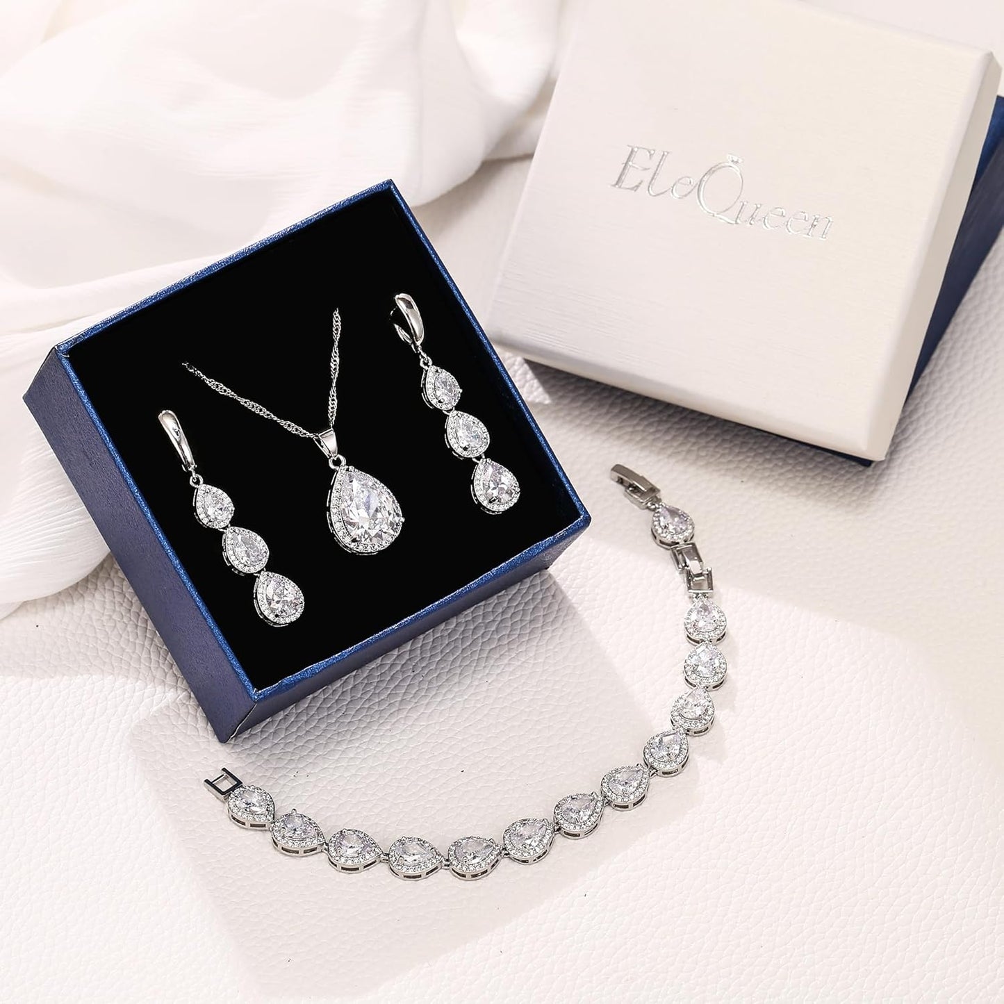 EleQueen Water Drop Pendant Necklace Long Dangle Earrings Tennis Bracelet Set, Sparkle Cubic Zirconia Teardrop Wedding Jewelry Sets for Bride Bridesmaid