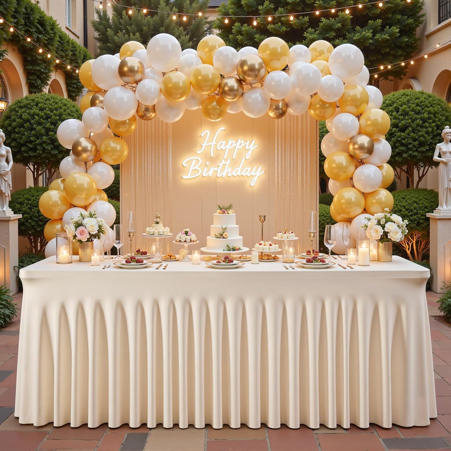 6 Packs Light Champagne Table Clothes for 6 Foot Rectangle Tables, One-Piece Wrinkle Resistant Stretch Spandex Table Covers with Skirt for Event Banquet Wedding Birthday Party