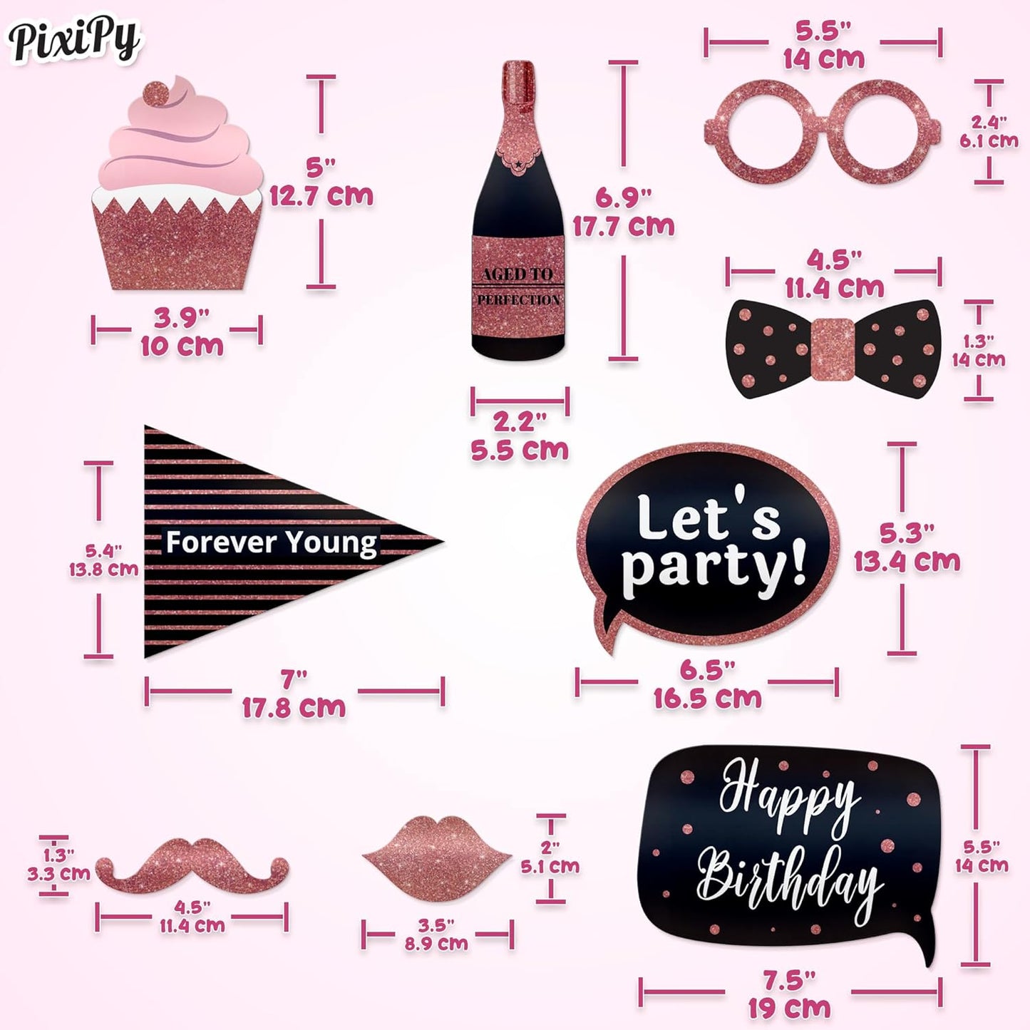 Premium Birthday Photo Booth Props Kit - 30 pc, Pink Glitter - Happy Birthday Party Fun Photobooth Selfie Accessories - for Adults & Kids - Funny Photoshoot w/Friends - by PixiPy