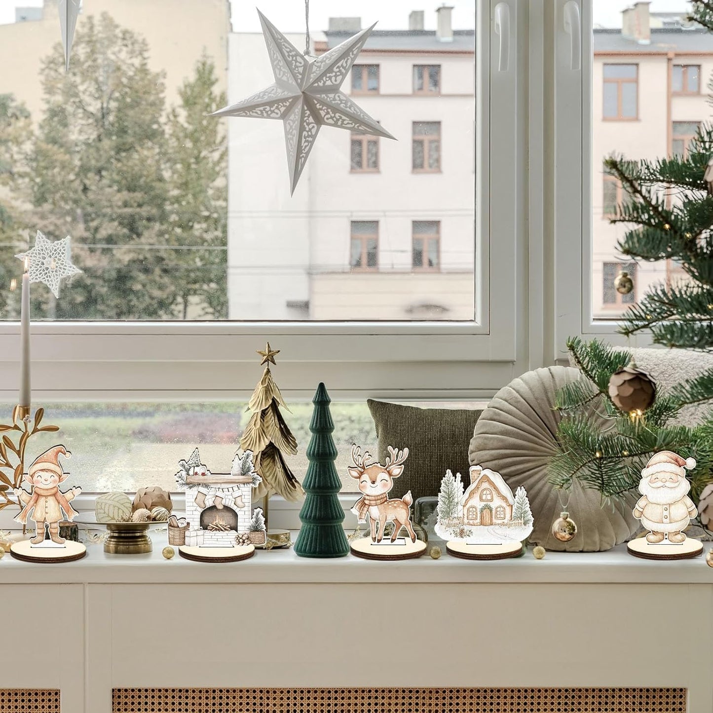 16 Pcs Wooden Boho Sad Beige Christmas Table Centerpiece Vintage Watercolor Xmas Tabletop Detachable Sign Farmhouse Snowman Deer Santa Table Toppers Display Decor Photo Props Party Favor Supplies