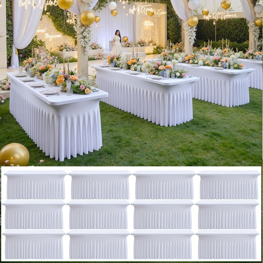 12 pk White Spandex Table Cloth Rectangle 6ft with Ruffle Skirt,Wrinkle Free High-Stretch Fitted Tablecloths for 6 Foot Rectangle Tables,Elastic Spandex Table Covers 6 ft for Parties Weddings Banquet