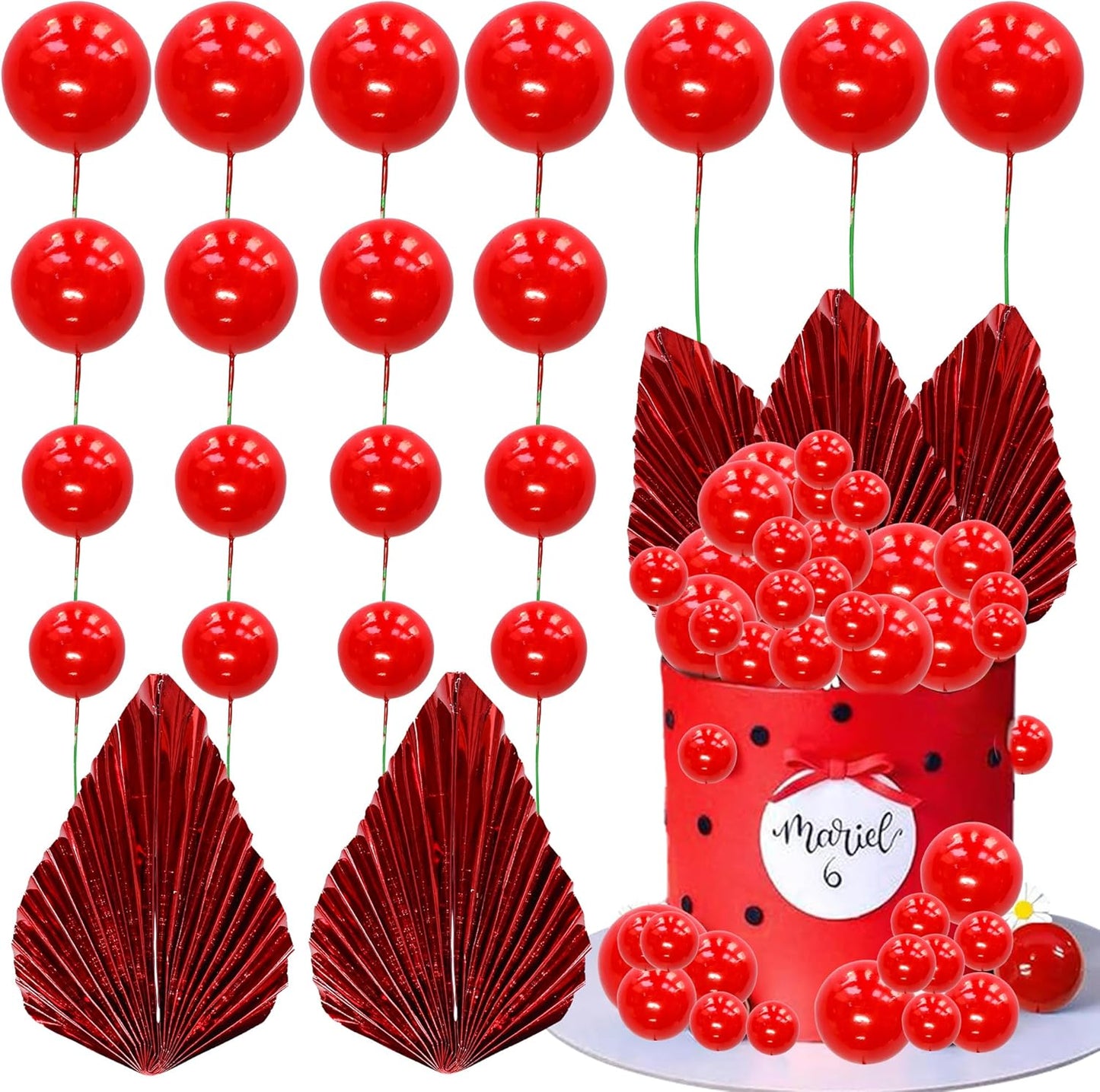 Ephlyn 28Pcs Paper Palm Fan Cake Topper Balls Cake Pick for Baby Shower Wedding Bridal Shower Birthday Party Cake Decorations Supplies Red