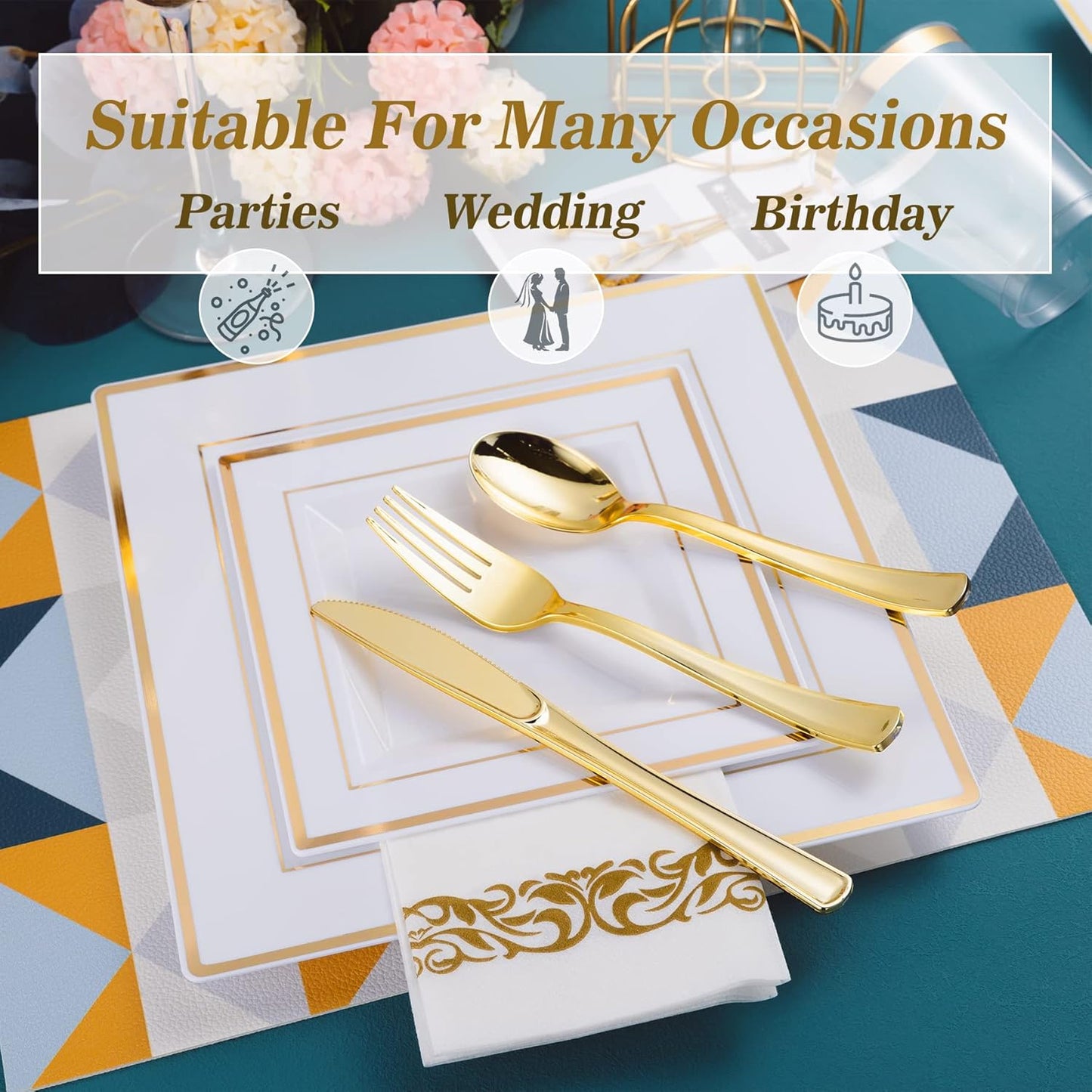 N9R 50 Guest Gold Dinnerware Set-100 White Square Plastic Plates with Gold Rim, 50 forks, 50 Spoons, 50 Knives, 50 Cups, 50 Napkins-Disposable Dinnerware Set for Wedding